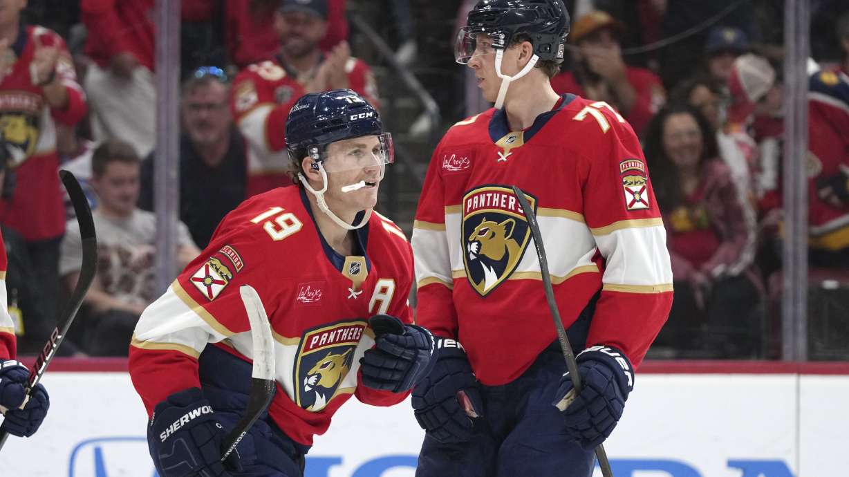 Florida Panthers left wing Matthew Tkachuk (19) reacts after scoring a goal during the second period of an NHL hockey game against the Chicago Blackhawks, Saturday, Feb. 1, 2025, in Sunrise, Fla.