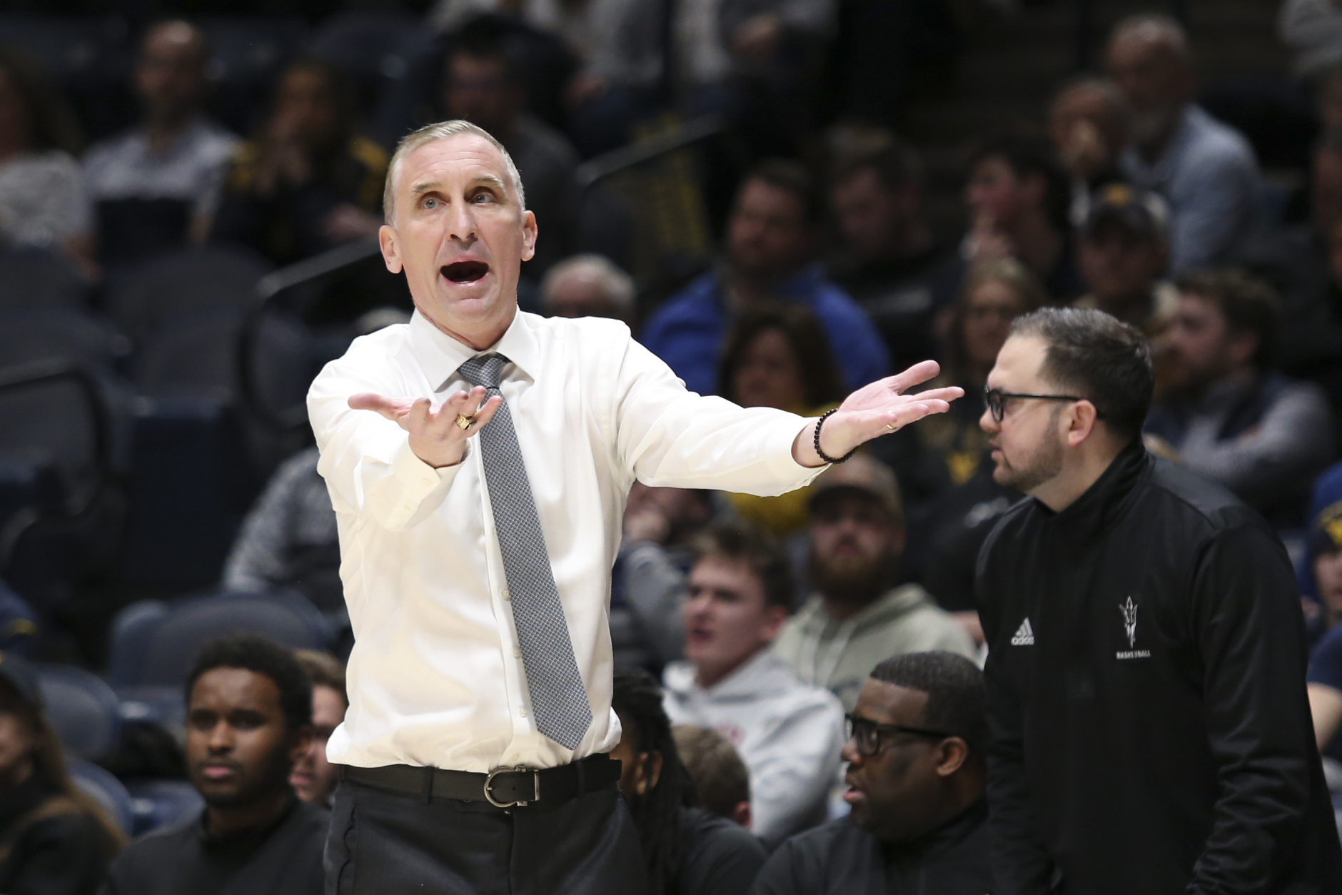 Arizona State head coach Bobby Hurley reacts during the first half of an NCAA college basketball game against West Virginia, Tuesday, Jan. 21, 2025, in Morgantown, W.Va. 