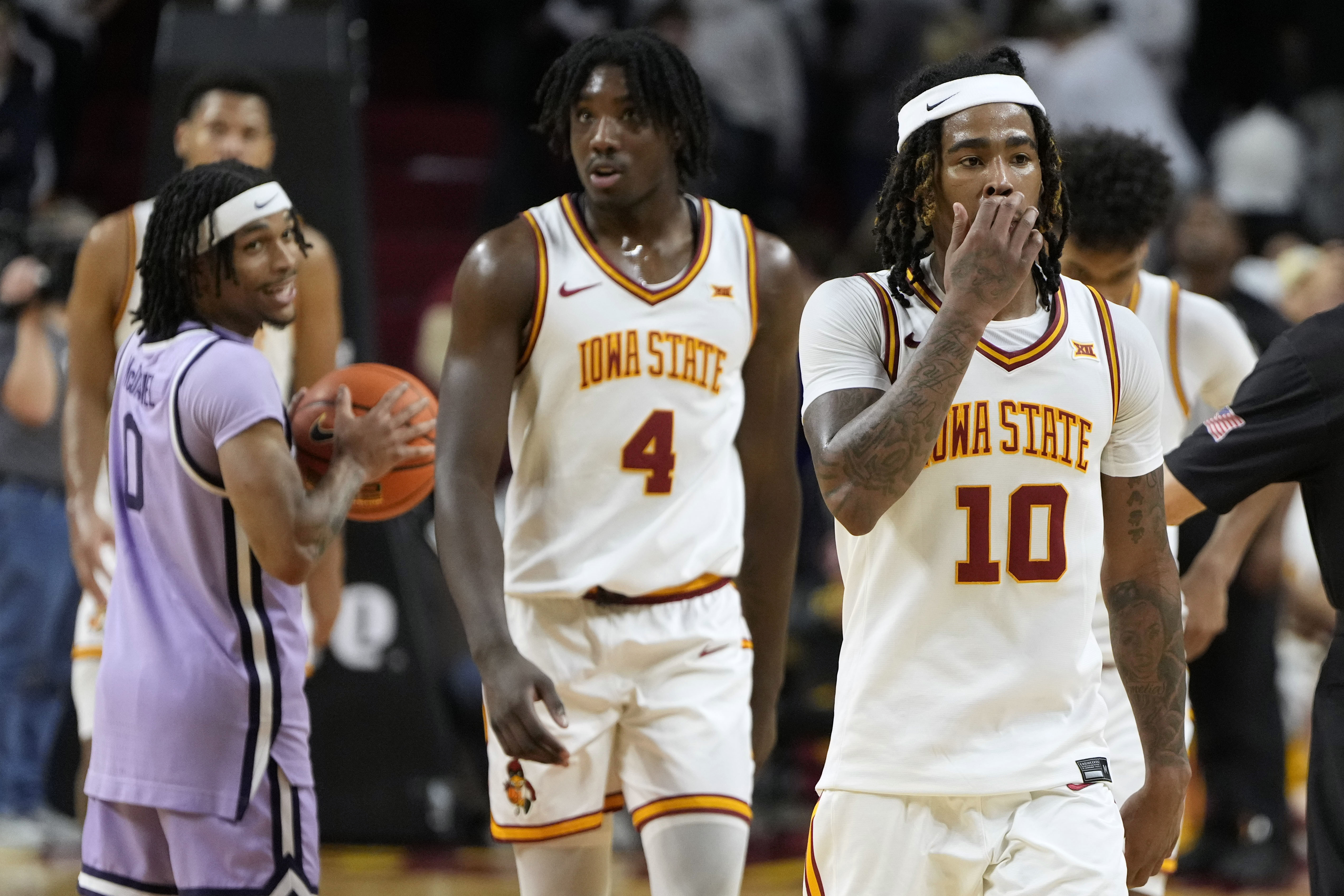 Iowa State guard Keshon Gilbert (10) walks off the court after an NCAA college basketball game against Kansas State, Saturday, Feb. 1, 2025, in Ames, Iowa. 