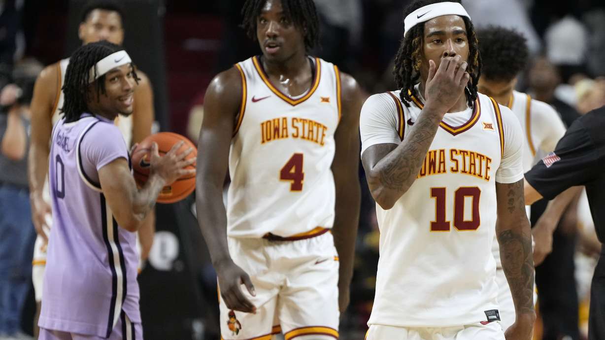 Iowa State guard Keshon Gilbert (10) walks off the court after an NCAA college basketball game against Kansas State, Saturday, Feb. 1, 2025, in Ames, Iowa.
