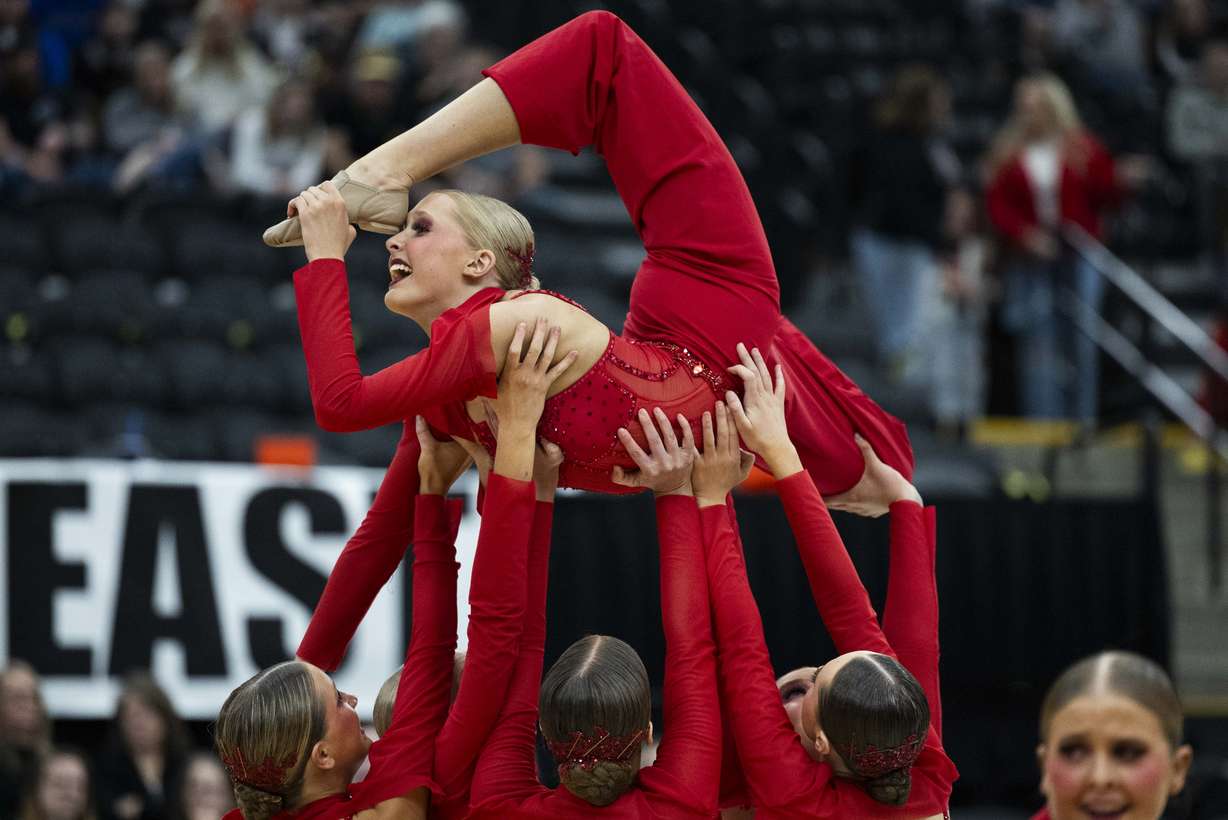 Viewmont competes in the 5A Drill Team championships at UVU’s UCCU Center in Orem on Saturday, Feb. 1, 2025.