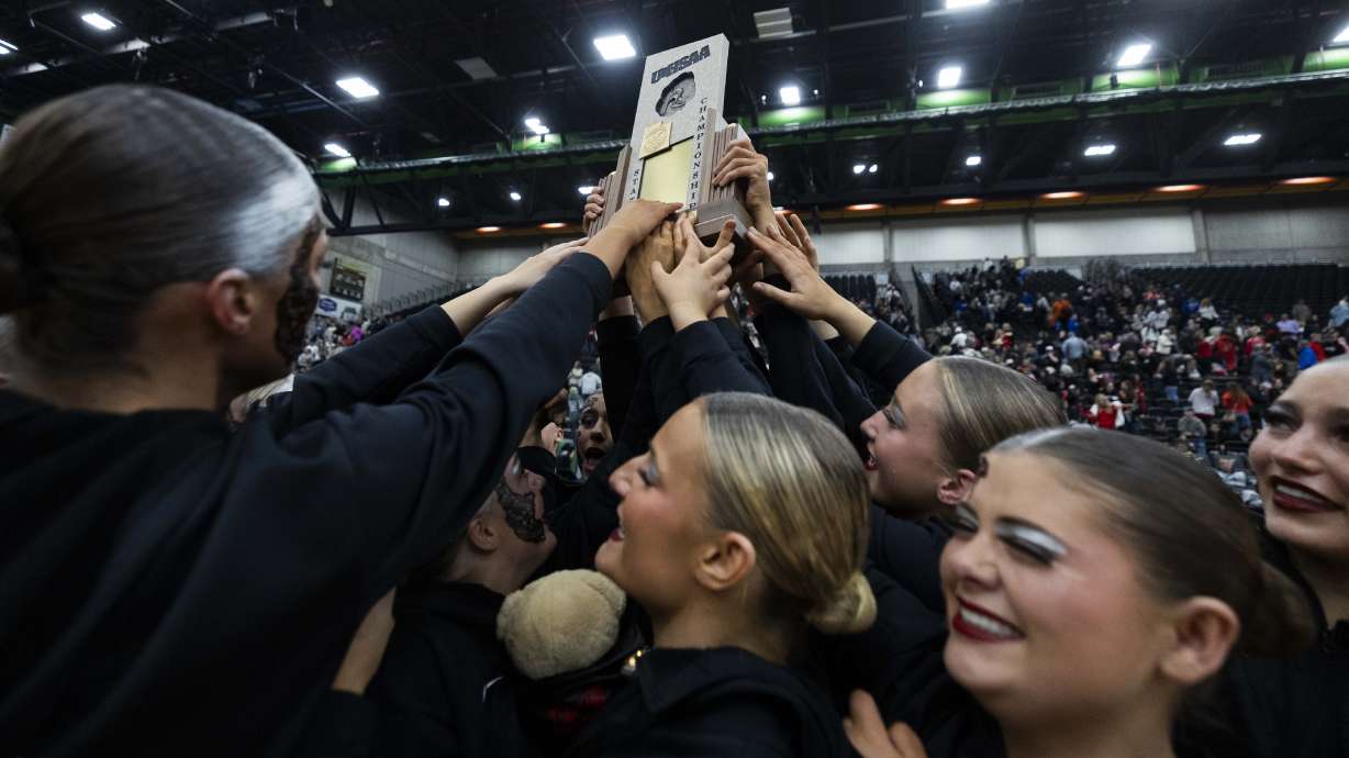 Bountiful’s Drill Team celebrates after winning the 5A Drill Team championships at UVU’s UCCU Center in Orem on Saturday, Feb. 1, 2025.