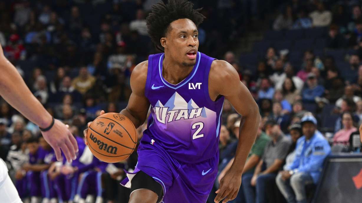FILE - Utah Jazz guard Collin Sexton (2) handles the ball in the first half of an NBA basketball game against the Memphis Grizzlies, Jan. 25, 2025, in Memphis, Tenn.