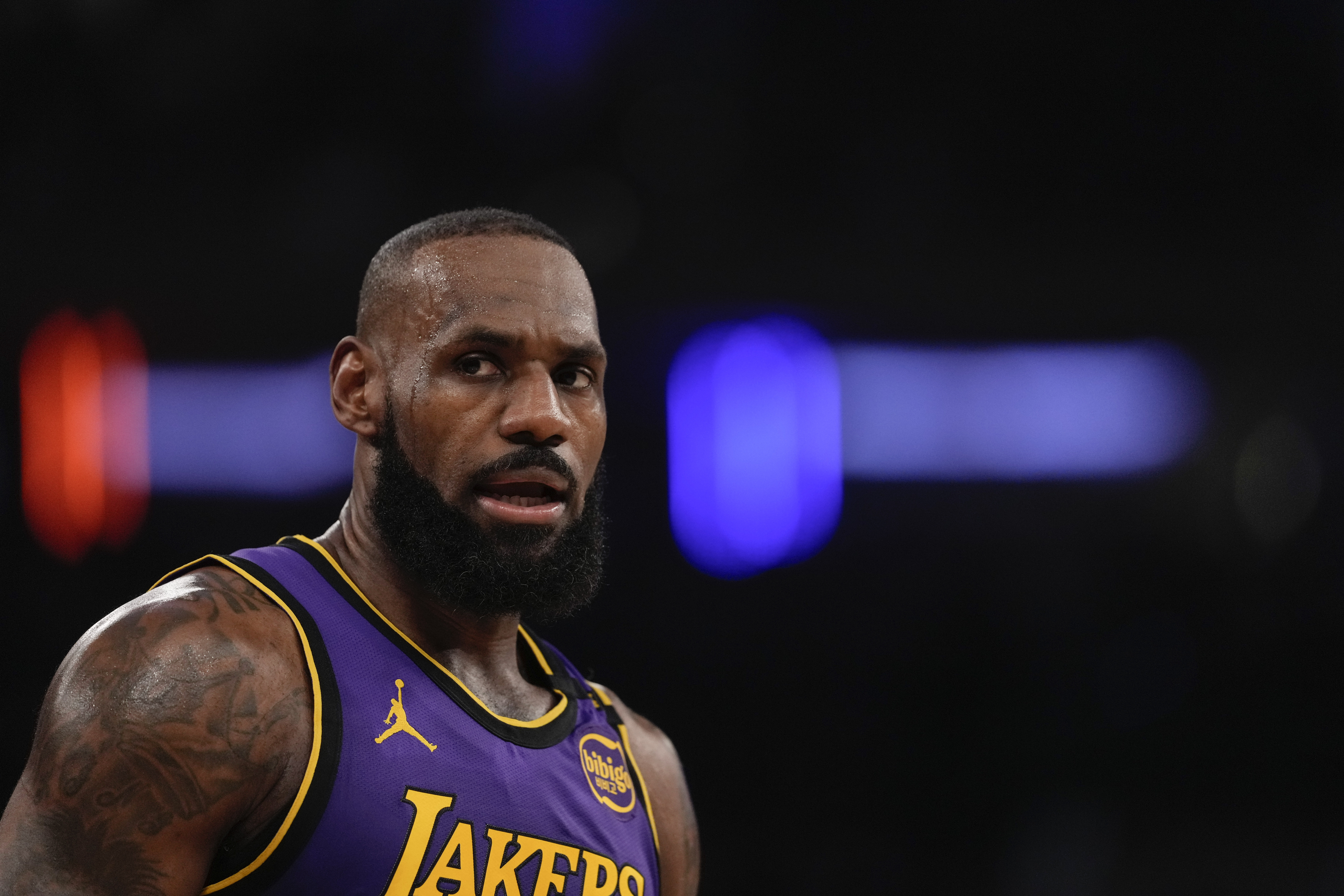 Los Angeles Lakers' LeBron James (23) argues a call during the first half of an NBA basketball game against the New York Knicks Saturday, Feb. 1, 2025, in New York. 