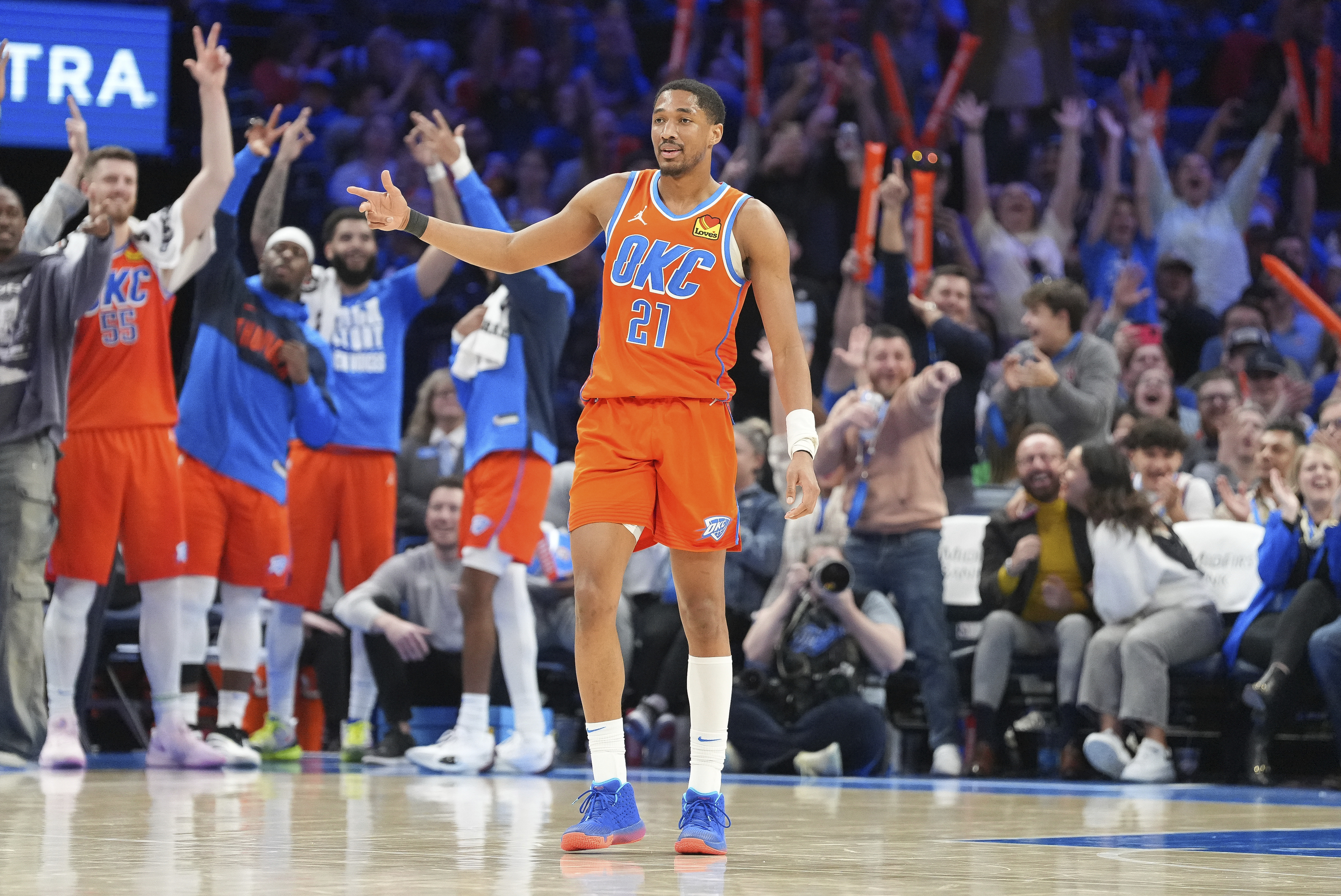 Oklahoma City Thunder guard Aaron Wiggins celebrates during the second half of an NBA basketball game against the Sacramento Kings, Saturday, Feb. 1, 2025, in Oklahoma City. 