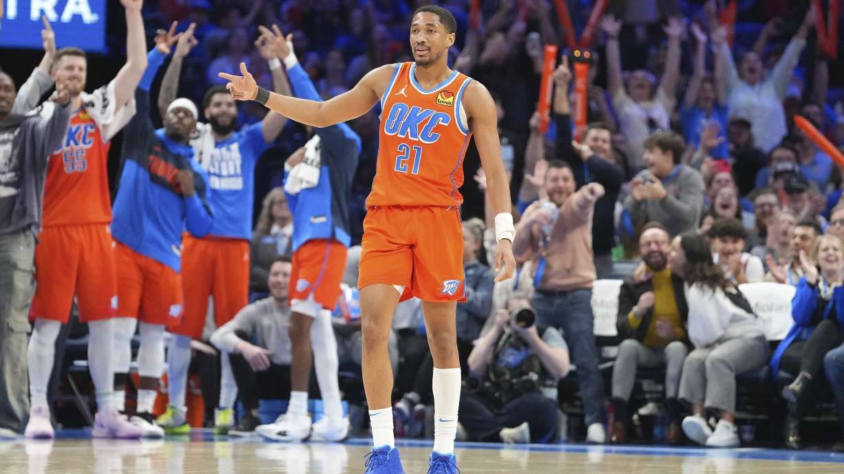 Oklahoma City Thunder guard Aaron Wiggins celebrates during the second half of an NBA basketball game against the Sacramento Kings, Saturday, Feb. 1, 2025, in Oklahoma City.