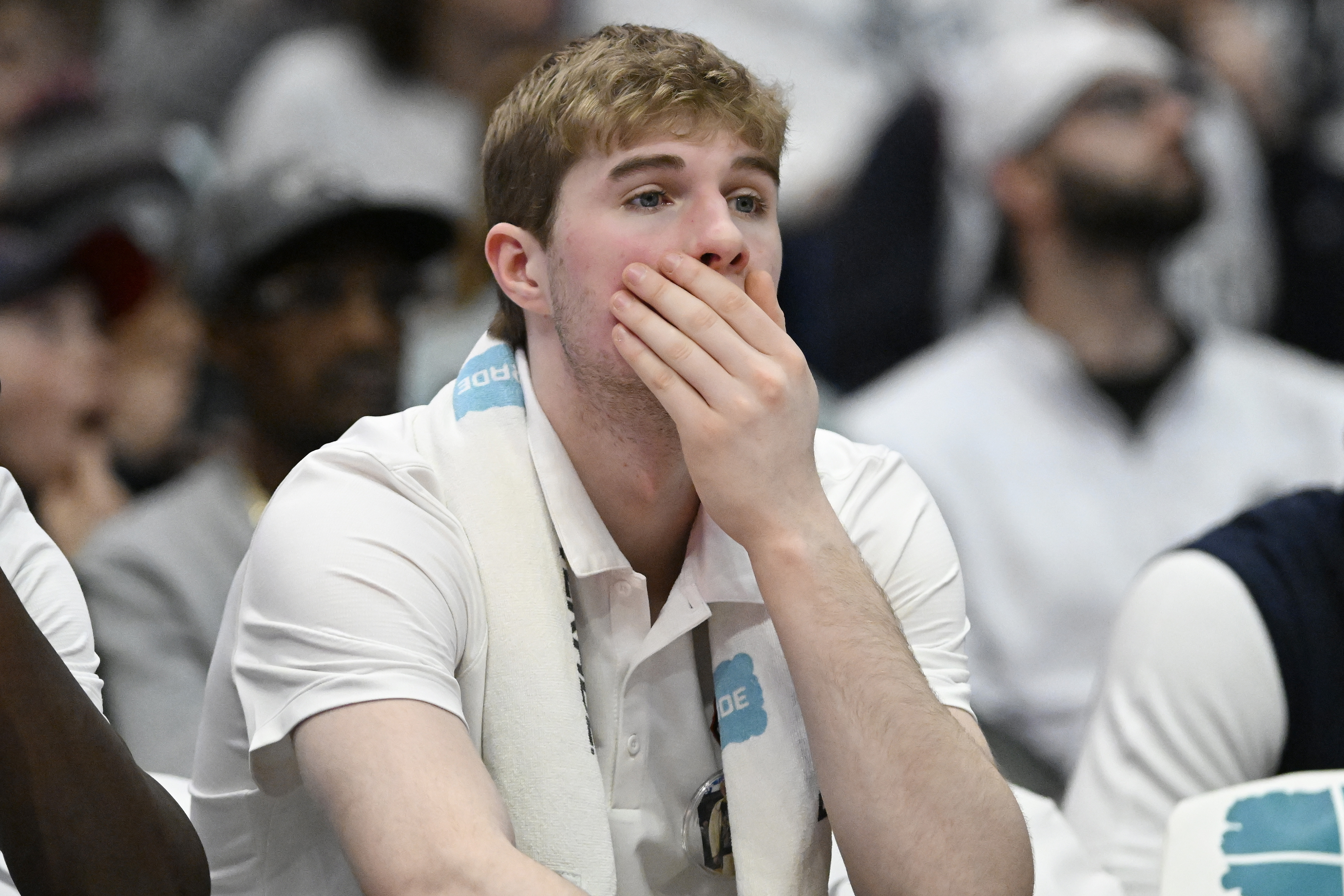 UConn forward Liam McNeeley watches play in the first half of an NCAA college basketball game against DePaul, Wednesday, Jan. 29, 2025, in Hartford, Conn.