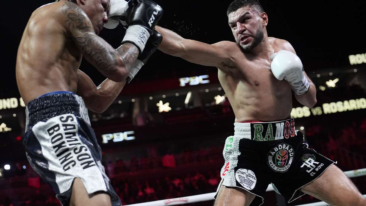 Jesus Ramos Jr. hits Jeison Rosario in a middleweight boxing match Saturday, Feb. 1, 2025, in Las Vegas.