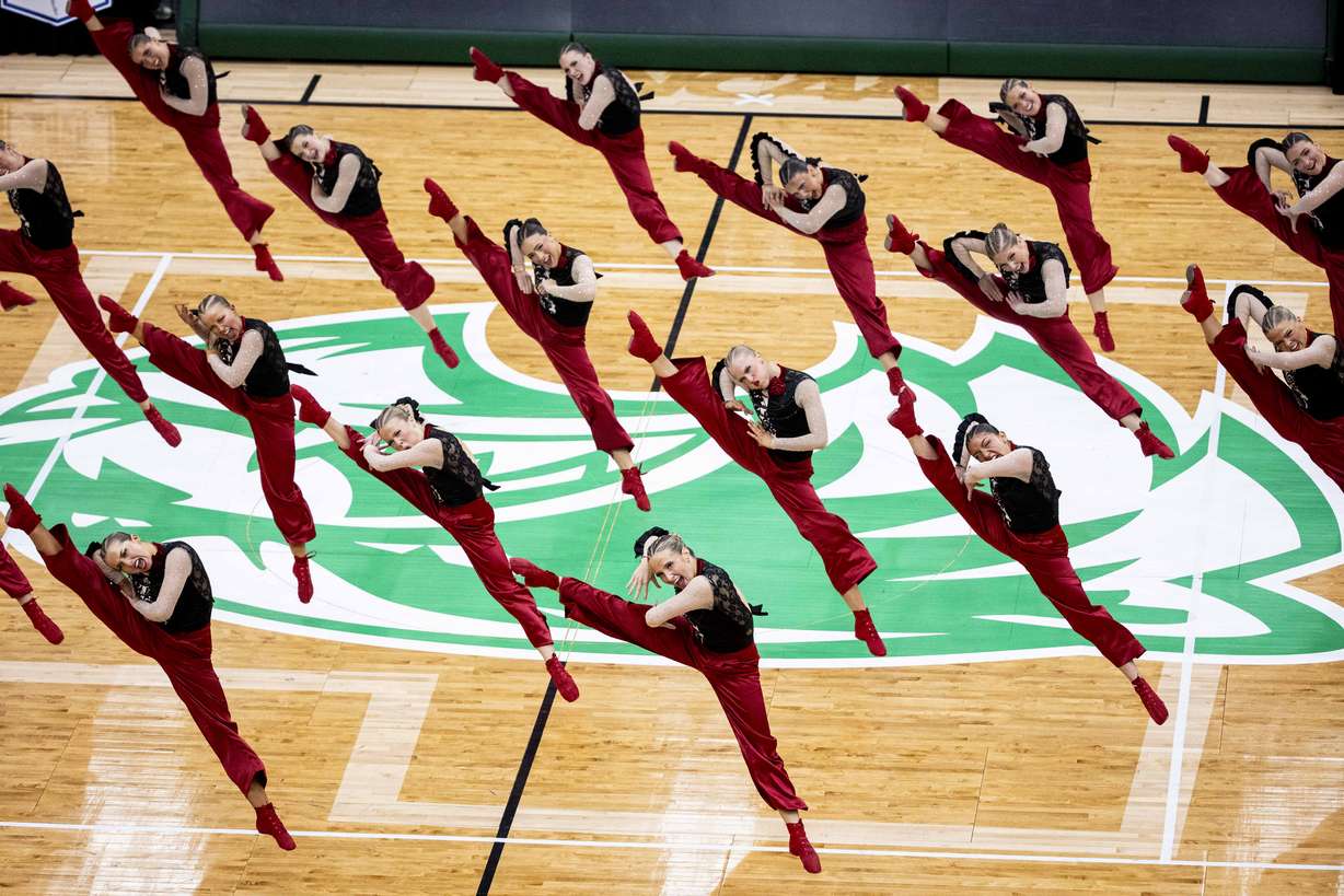 Members of the Farmington High School drill team perform in the dance category during the UHSAA 6A state drill team finals held at the UCCU Center in Orem on Saturday, Feb. 1, 2025.