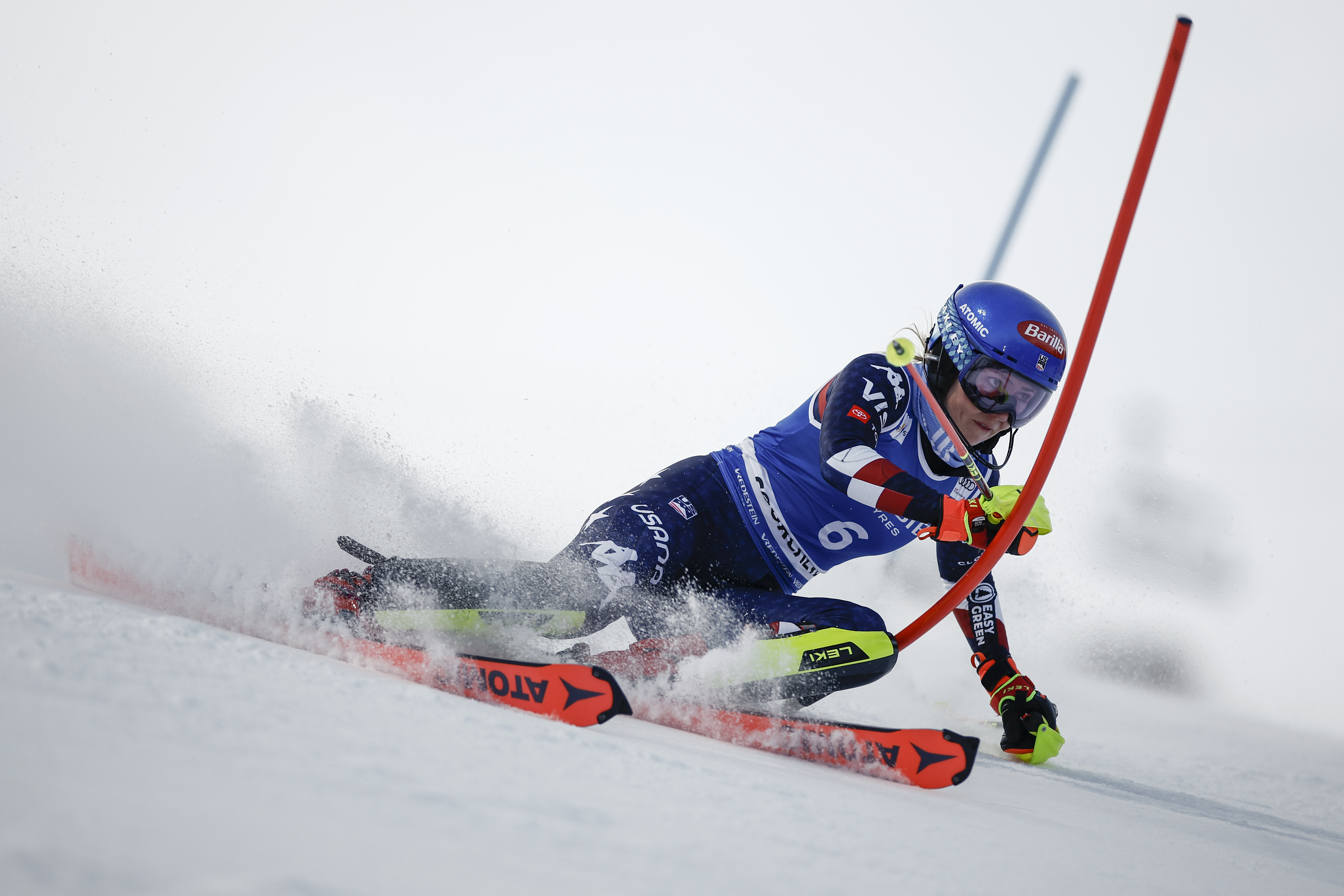 United States' Mikaela Shiffrin speeds down the course during the first run of a women's World Cup slalom, in Courchevel, France, Thursday Jan. 30, 2025. 