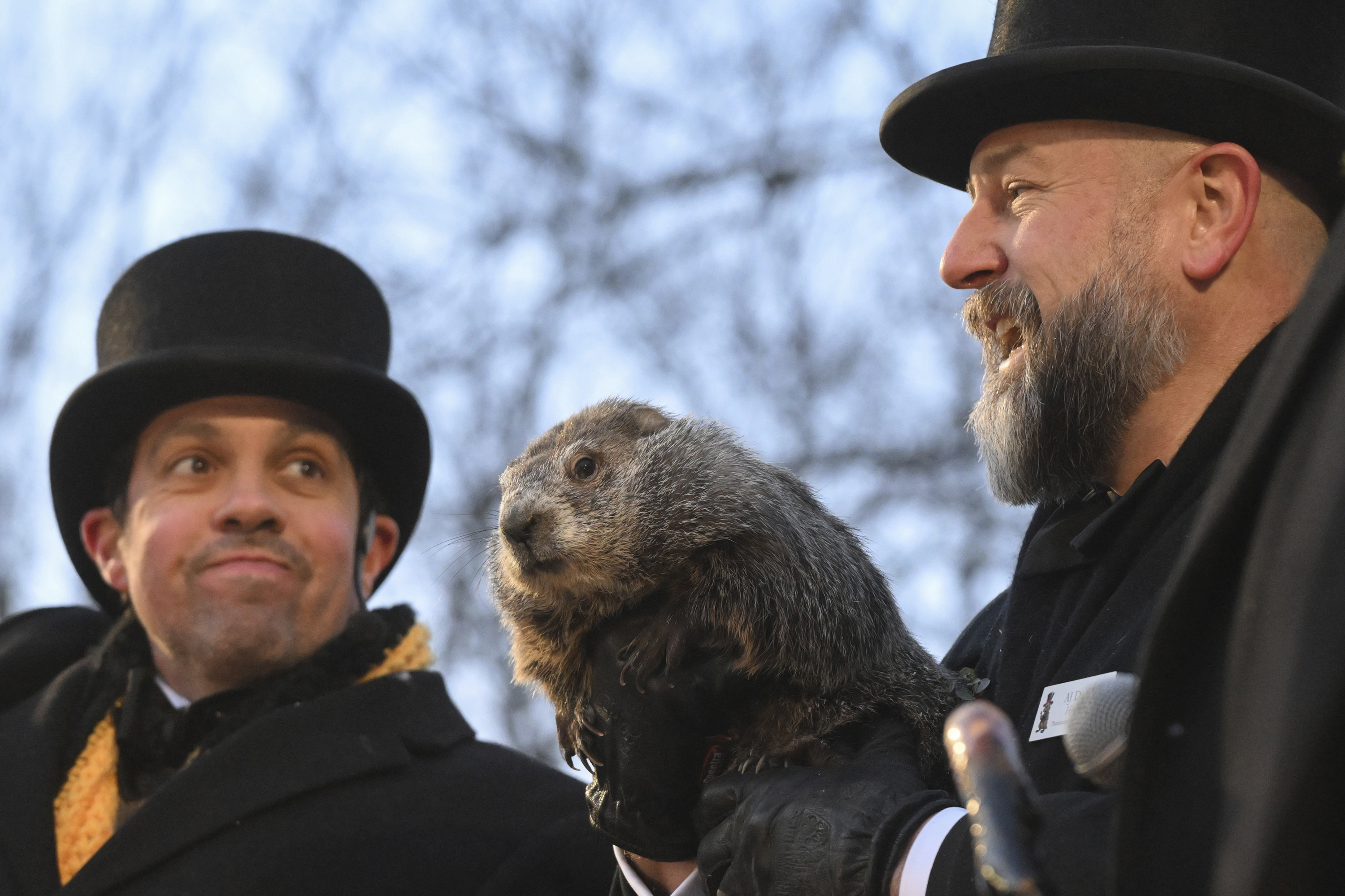 Groundhog Club handler A.J. Dereume holds Punxsutawney Phil, the weather prognosticating groundhog, during the 139th celebration of Groundhog Day on Gobbler's Knob in Punxsutawney, Pa., Sunday.