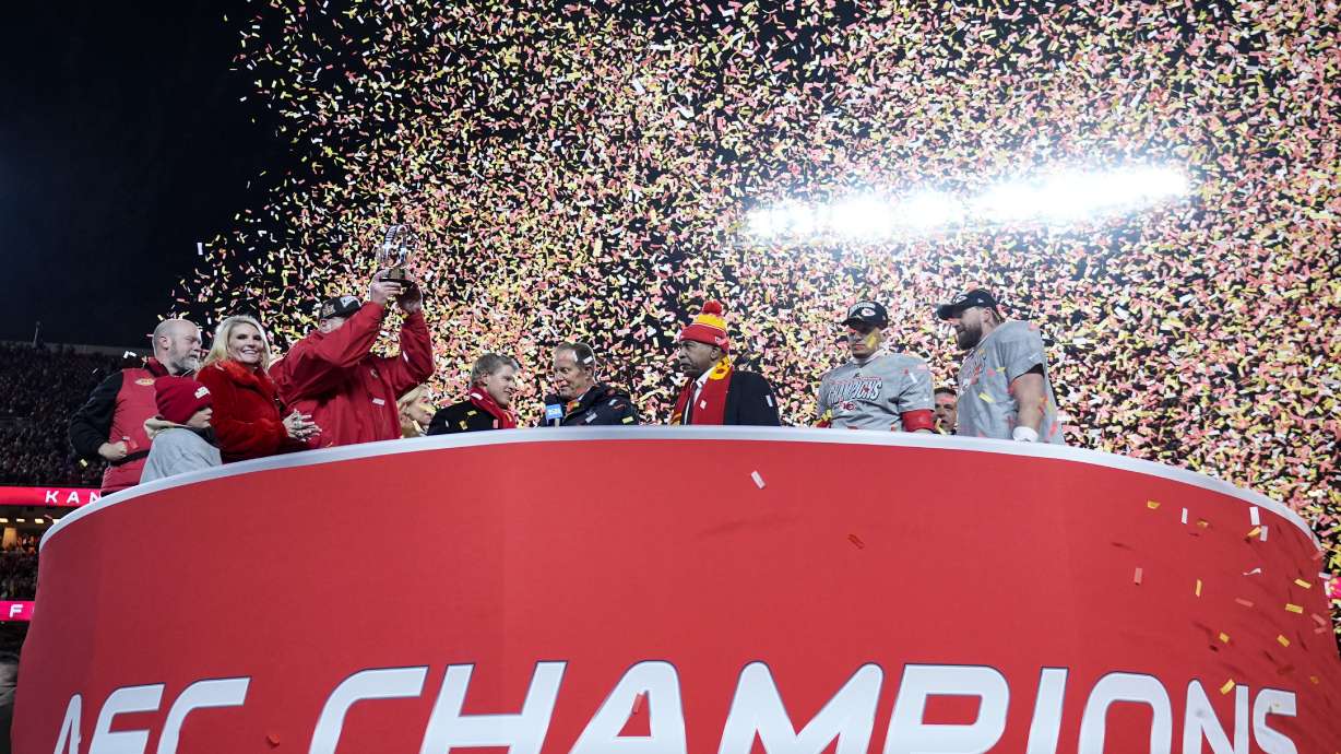 The Kansas City Chiefs celebrate after the AFC Championship NFL football game against the Buffalo Bills, Sunday, Jan. 26, 2025, in Kansas City, Mo.