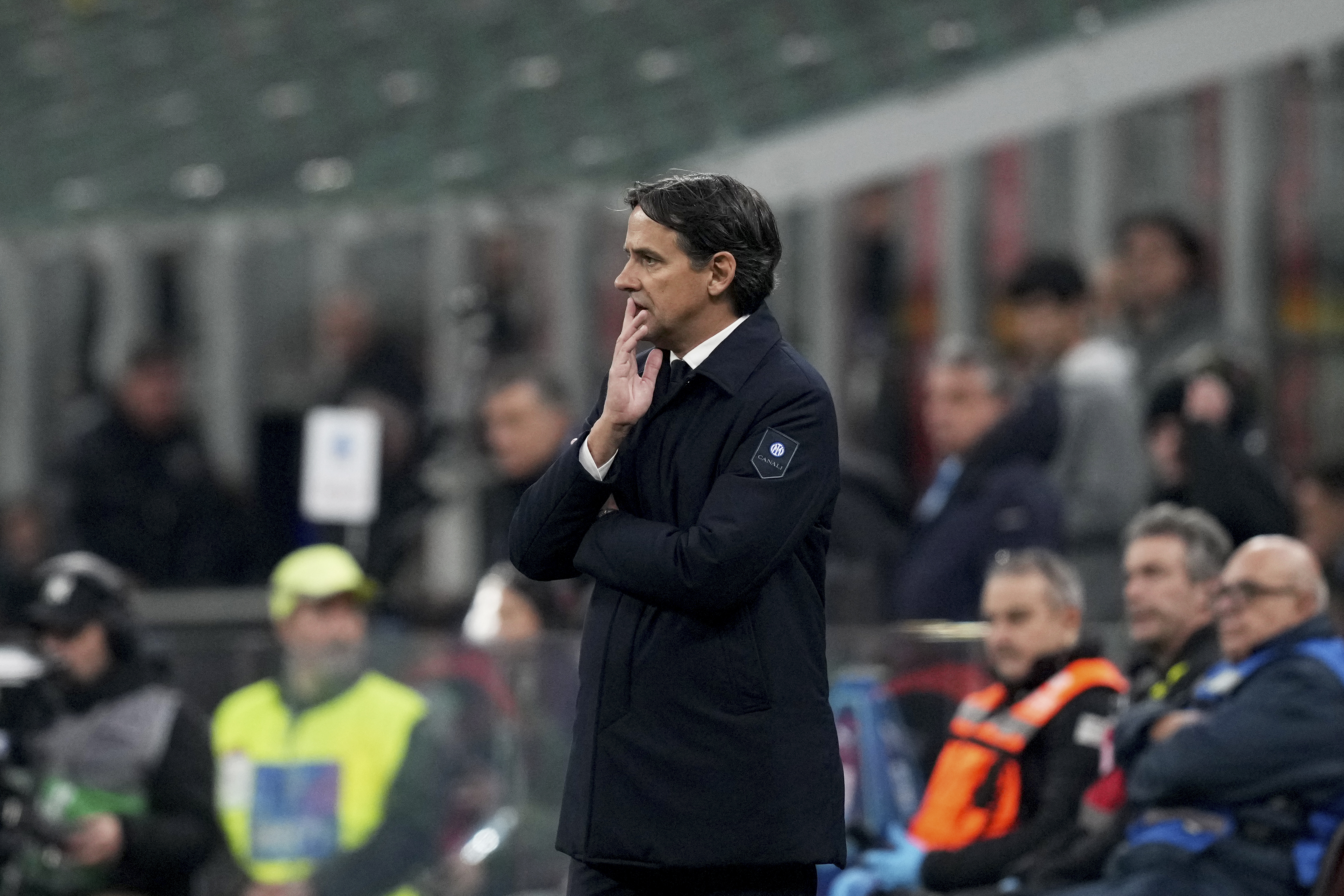 Inter Milan's head coach Simone Inzaghi stands by the touchline during the Serie A soccer match between AC Milan and Inter Milan at the San Siro stadium, in Milan, Italy, Sunday, Feb. 2, 2025.