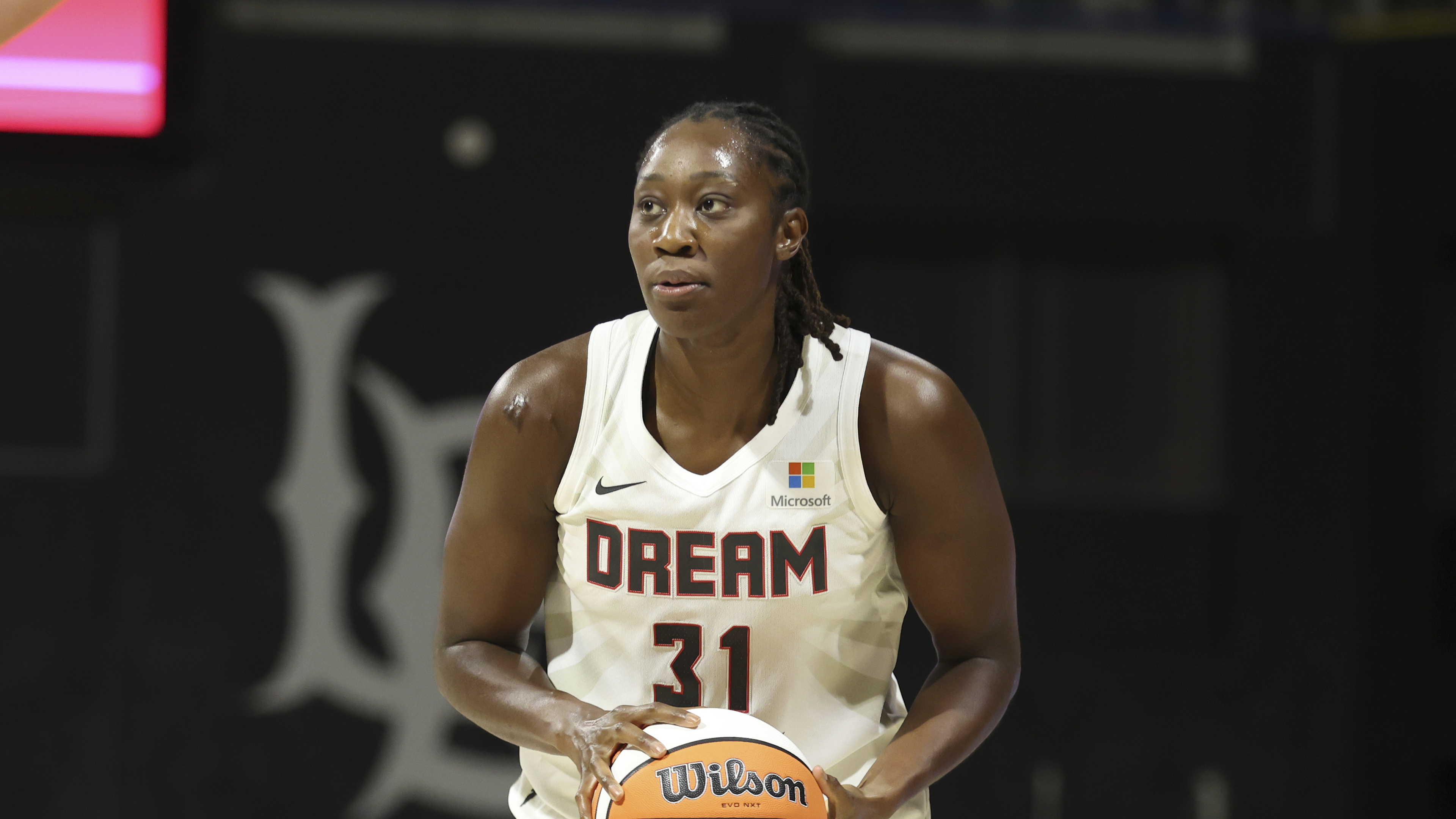 FILE - Atlanta Dream center Tina Charles plays against the Los Angeles Sparks during a WNBA basketball game, May 15, 2024, in Long Beach, Calif.