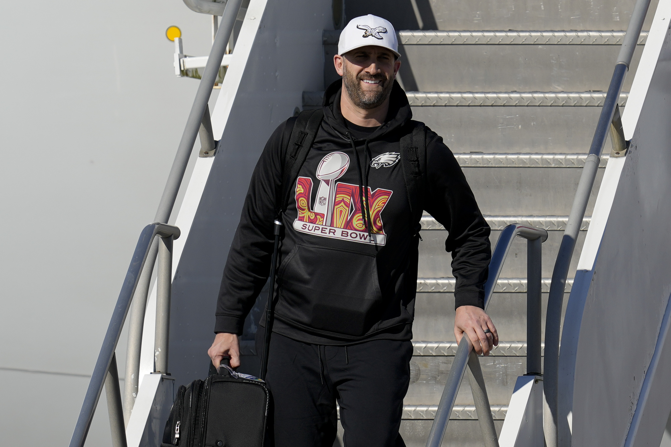 Philadelphia Eagles head coach Nick Sirianni arrives at New Orleans international airport, Sunday, Feb. 2, 2025, in Kenner, La. ahead of the NFL Super Bowl 59 football game between the Philadelphia Eagles and the Kansas City Chiefs. 