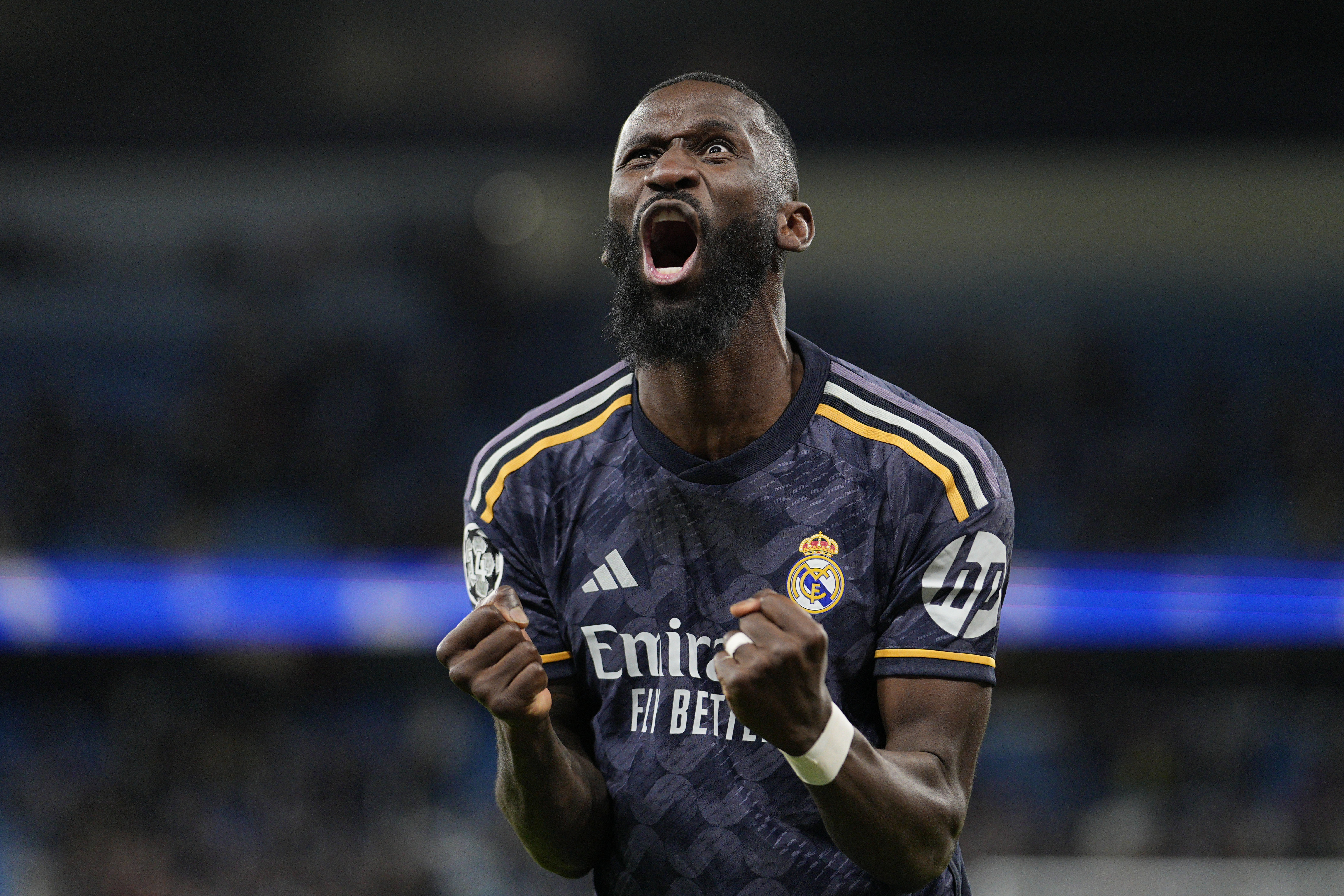 FILE - Real Madrid's Antonio Rudiger celebrates at the end of the Champions League quarterfinal second leg soccer match between Manchester City and Real Madrid at the Etihad Stadium in Manchester, England, Wednesday, April 17, 2024. 