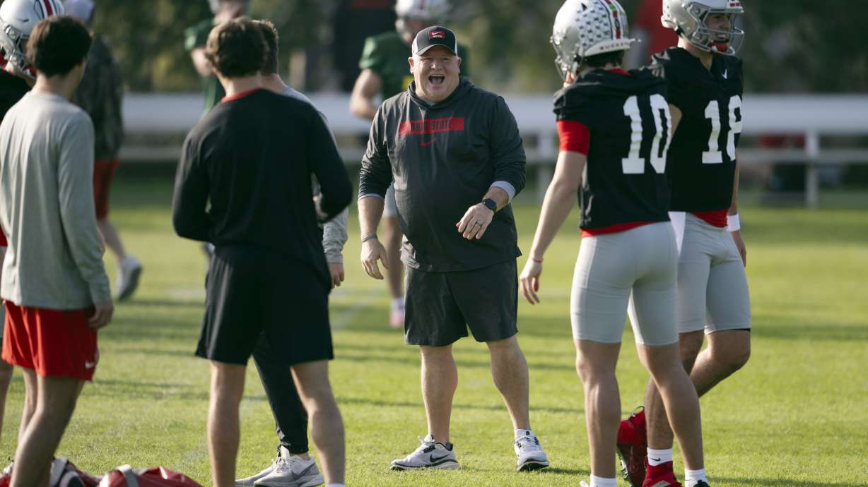 FILE - Ohio State offensive coordinator Chip Kelly laughs during practice in Carson, Calif., Monday, Dec. 30, 2024, ahead of Rose Bowl College Football Playoff game against Oregon.