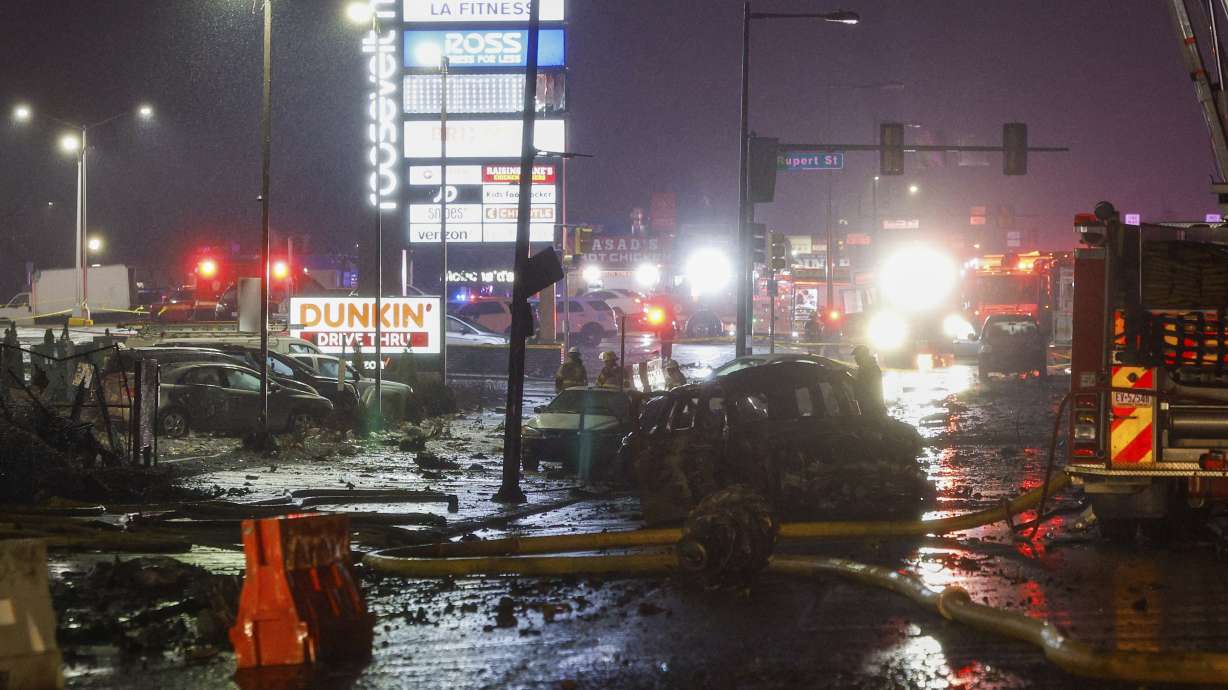 The scene near Roosevelt Boulevard after a small plane crashed near Roosevelt Mall is seen on Jan. 31, in Philadelphia.