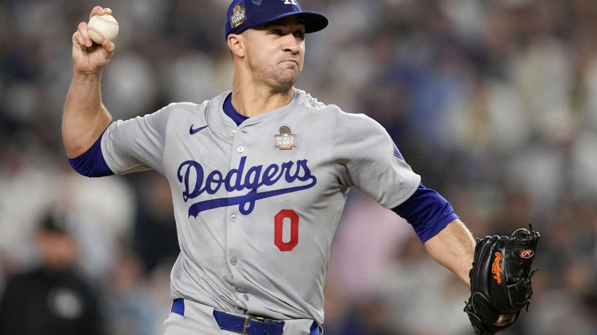 FILE - Los Angeles Dodgers pitcher Jack Flaherty throws against the New York Yankees during the first inning in Game 5 of the baseball World Series, Wednesday, Oct. 30, 2024, in New York.