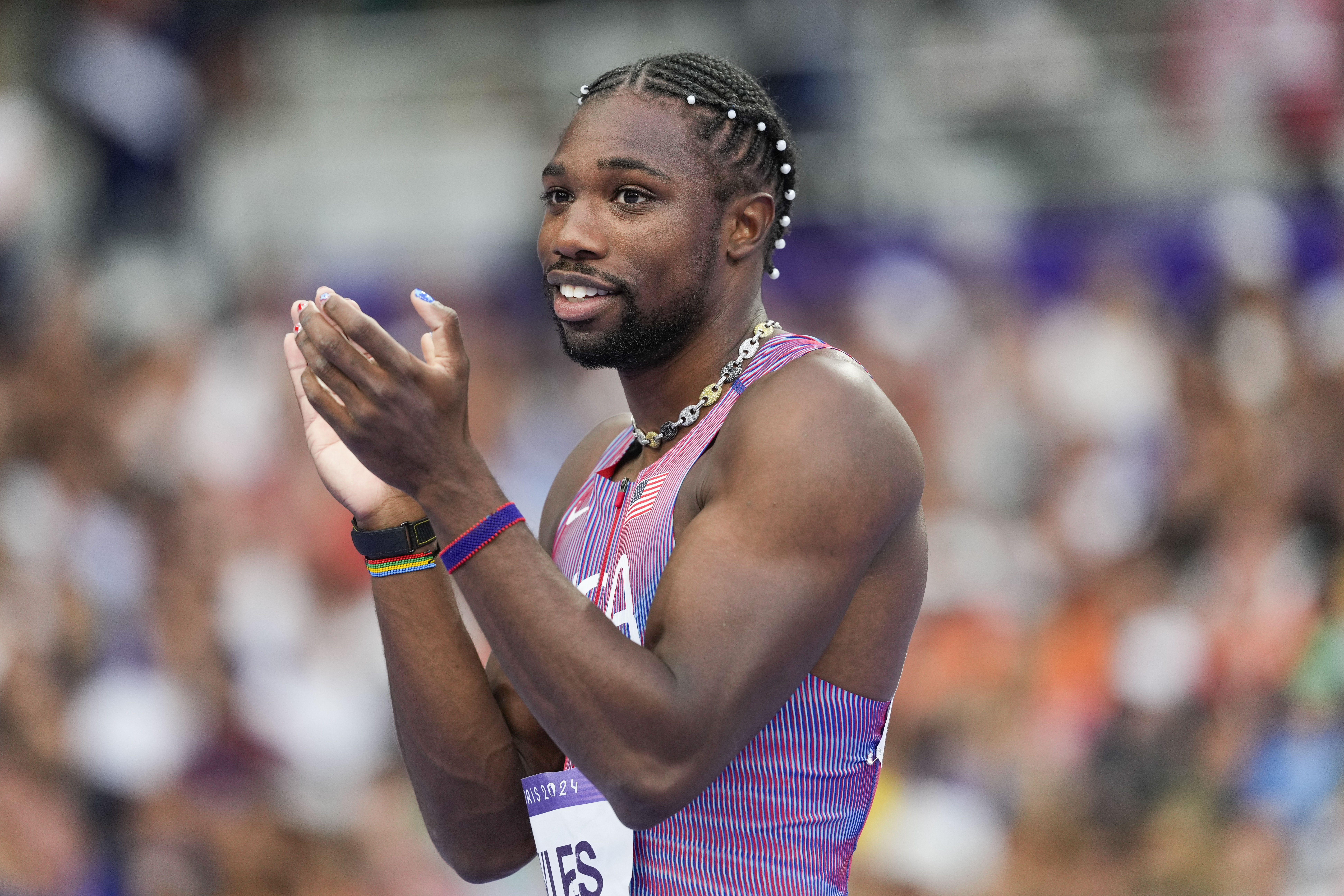 FILE - Noah Lyles, of the United States, competes during the men's 200-meter semifinal at the 2024 Summer Olympics, Wednesday, Aug. 7, 2024, in Saint-Denis, France. 