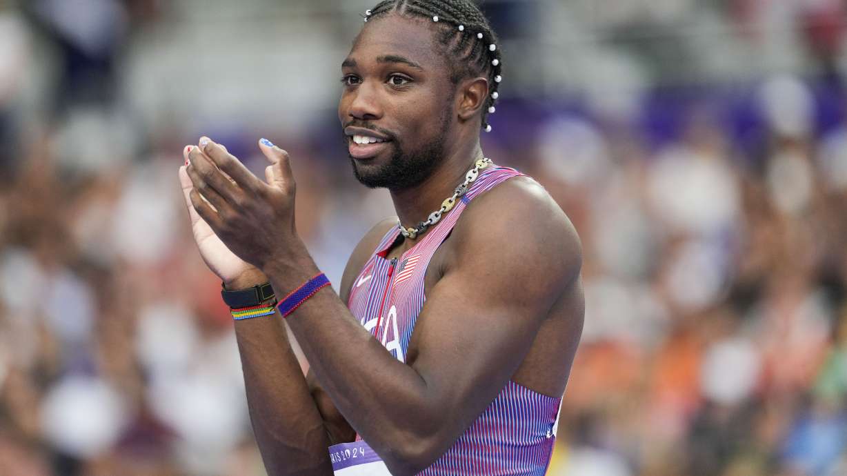 FILE - Noah Lyles, of the United States, competes during the men's 200-meter semifinal at the 2024 Summer Olympics, Wednesday, Aug. 7, 2024, in Saint-Denis, France.