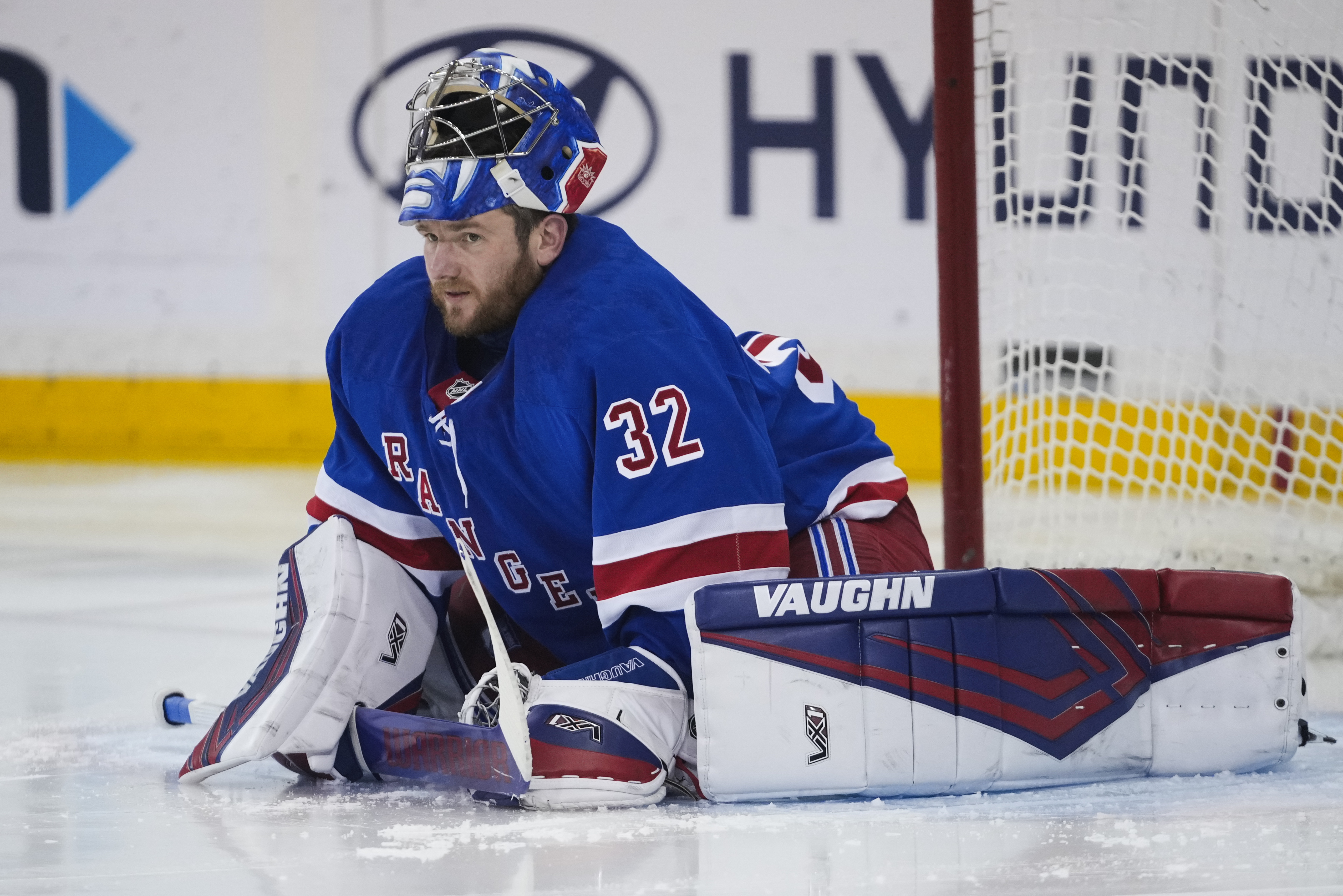 New York Rangers goaltender Jonathan Quick (32) warms up before the second period of an NHL hockey game against the Vegas Golden Knights Sunday, Feb. 2, 2025, in New York. 