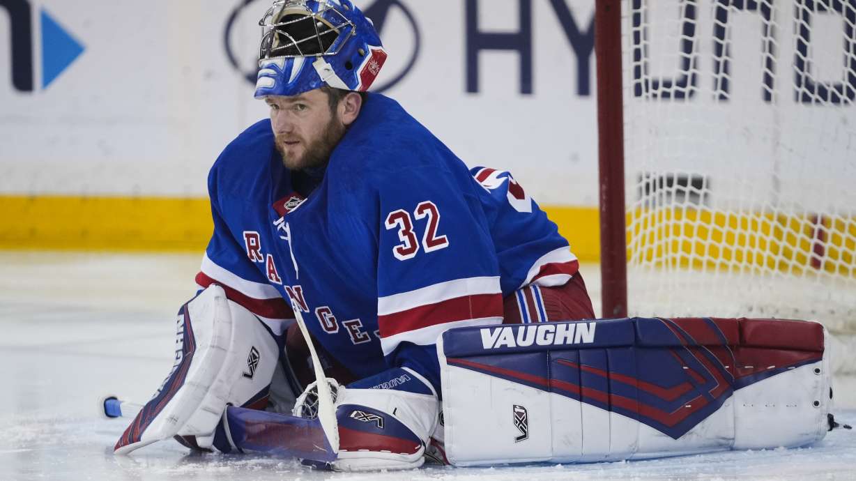 New York Rangers goaltender Jonathan Quick (32) warms up before the second period of an NHL hockey game against the Vegas Golden Knights Sunday, Feb. 2, 2025, in New York.