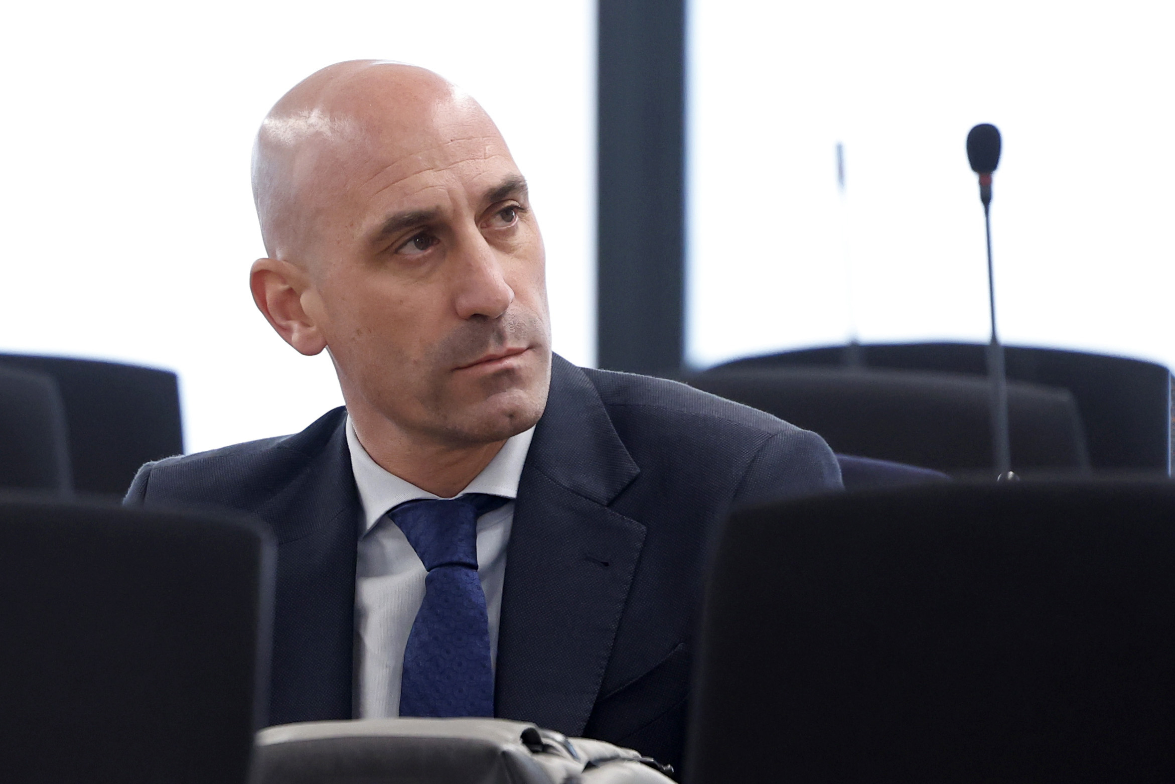 The former president of Spain's soccer federation Luis Rubiales sits in a courtroom on the outskirts of Madrid, Monday Feb. 3, 2025 where he goes on trial for his unsolicited kiss on forward Jenni Hermoso. 
