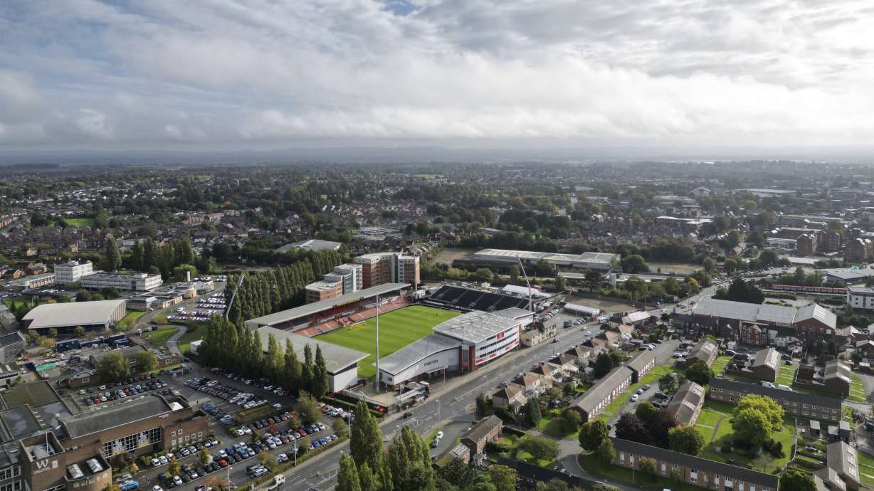 FILE -An aerial picture shows Wrexham Football Club's Racecourse Ground in Wrexham, Wales, Monday, Oct. 7, 2024.
