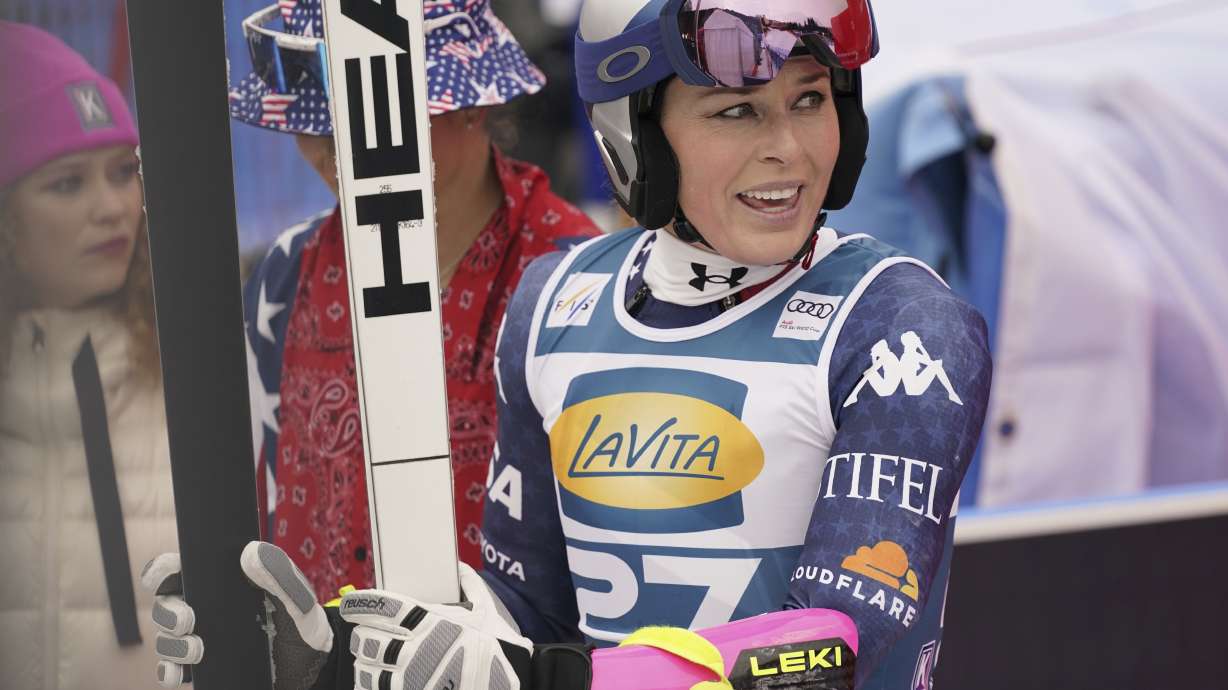 United States' Lindsey Vonn reacts after completing an alpine ski, women's World Cup super G, in Garmisch, Germany, Sunday, Jan. 26, 2025.