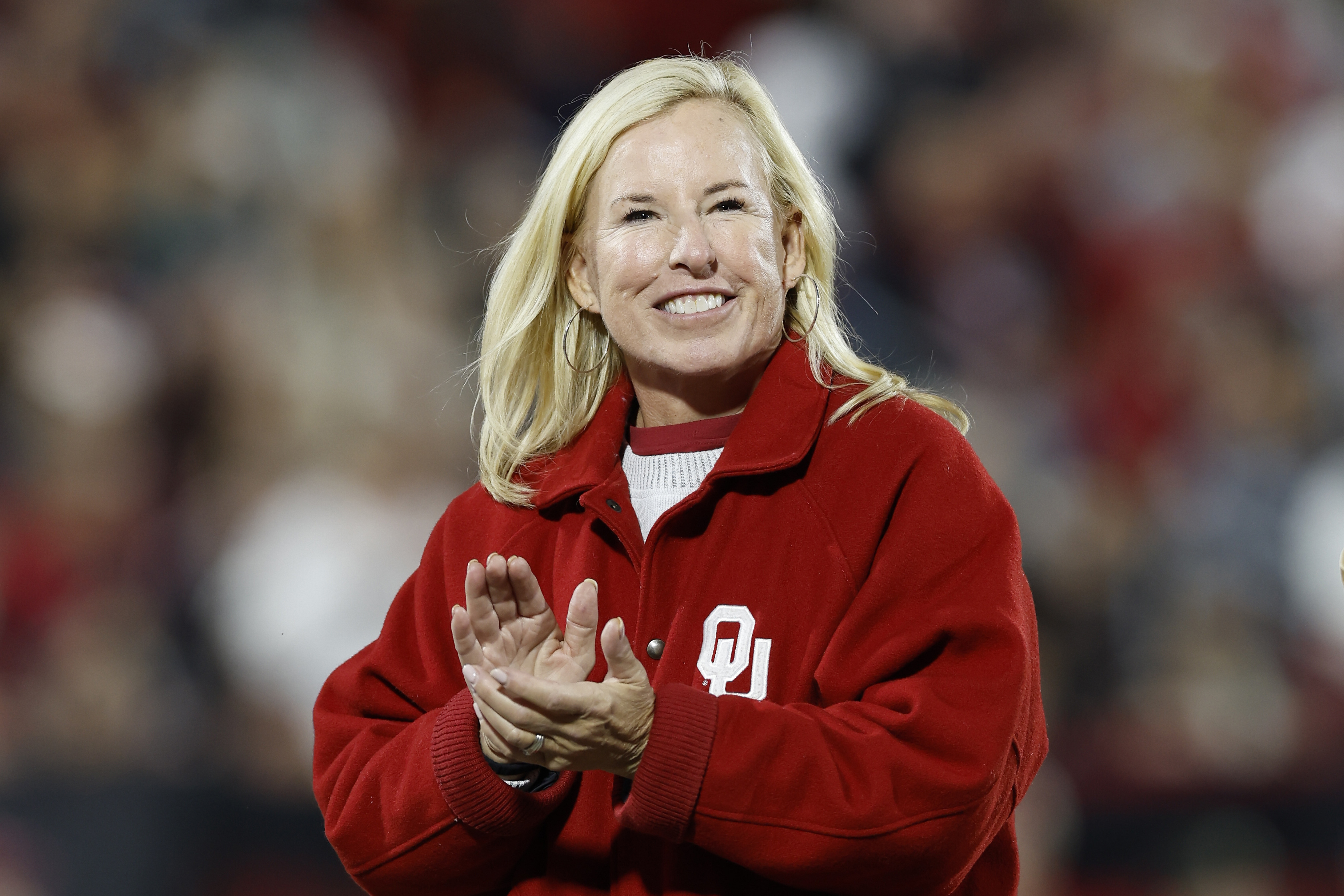 FILE - Oklahoma Softball head coach Patty Gasso during the first half of an NCAA college football game against West Virginia, Nov. 11, 2023, in Norman, Okla. 