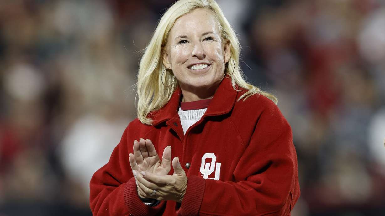 FILE - Oklahoma Softball head coach Patty Gasso during the first half of an NCAA college football game against West Virginia, Nov. 11, 2023, in Norman, Okla.