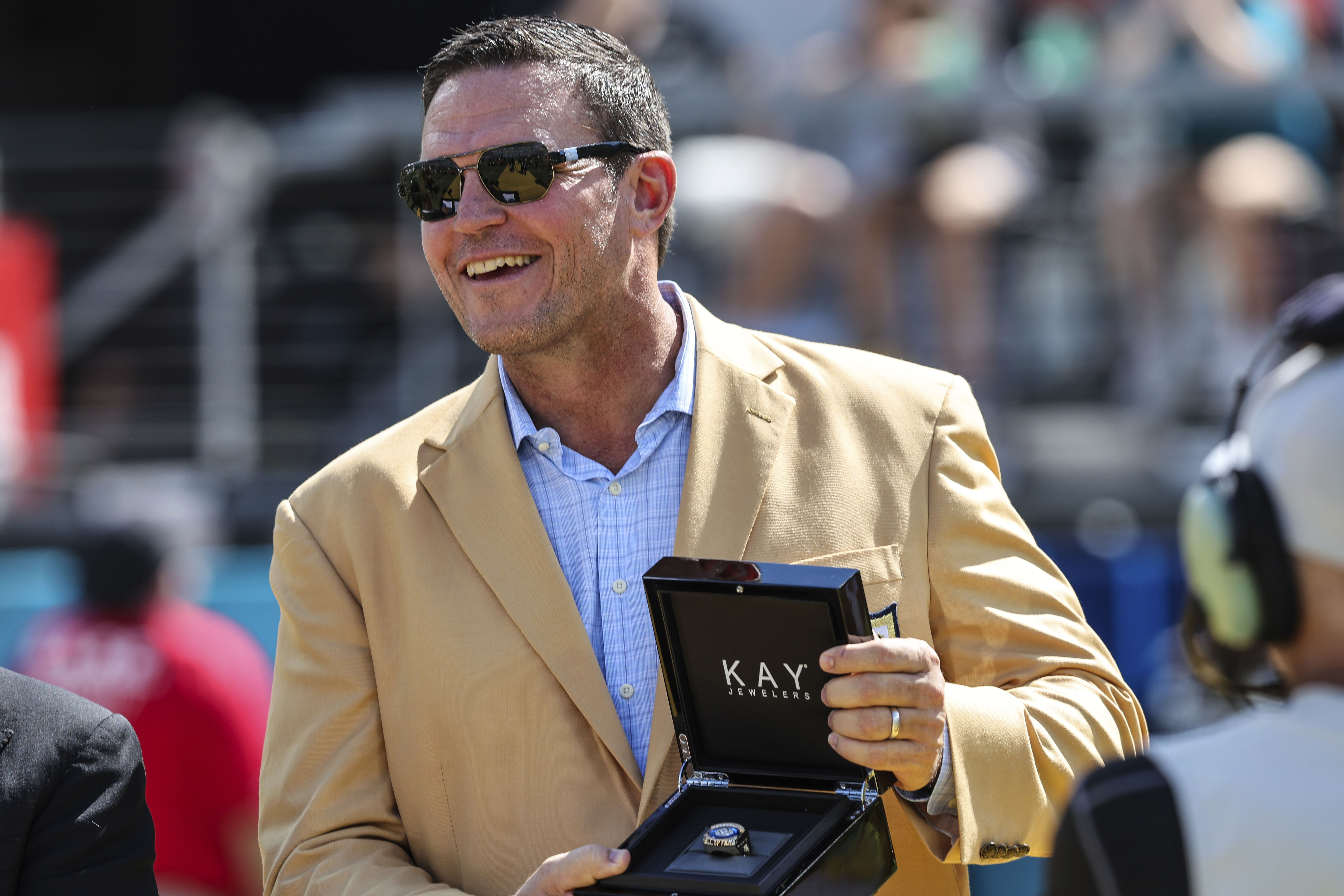 FILE - Tony Boselli receives his Pro Football Hall of Fame ring during halftime of an NFL football game between the Jacksonville Jaguars and the Houston Texans on Sunday, Oct. 9, 2022, in Jacksonville, Fla. 