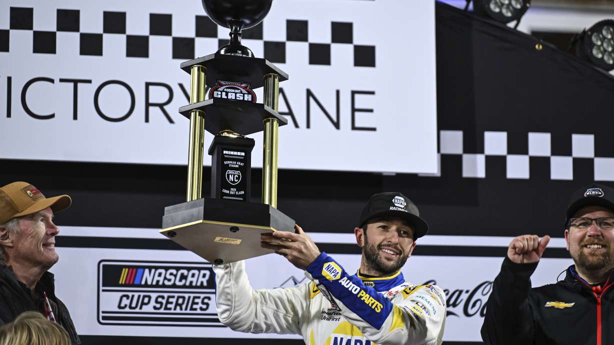 Chase Elliott, center, celebrates in Victory Lane after winning a NASCAR Cup Series auto race at Bowman Gray Stadium, Sunday, Feb. 2, 2025, in Winston-Salem, N.C.