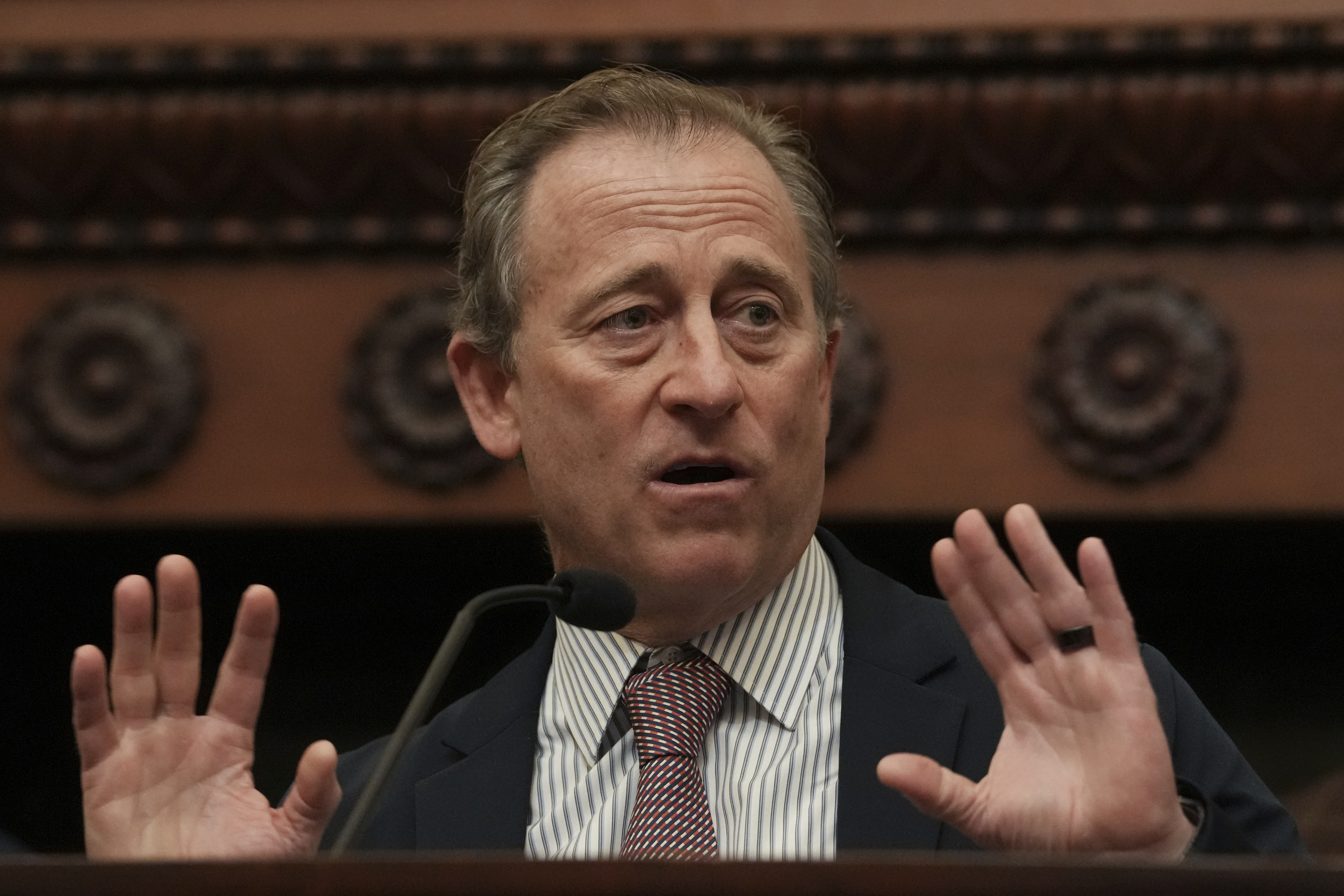 Philadelphia 76ers owner Josh Harris speaks during a news conference in Philadelphia, Monday, Jan. 13, 2025, announcing that the 76ers will partner with Comcast, their current landlord, to build a new arena in South Philadelphia and abandon a deal with the city to build the arena downtown,.