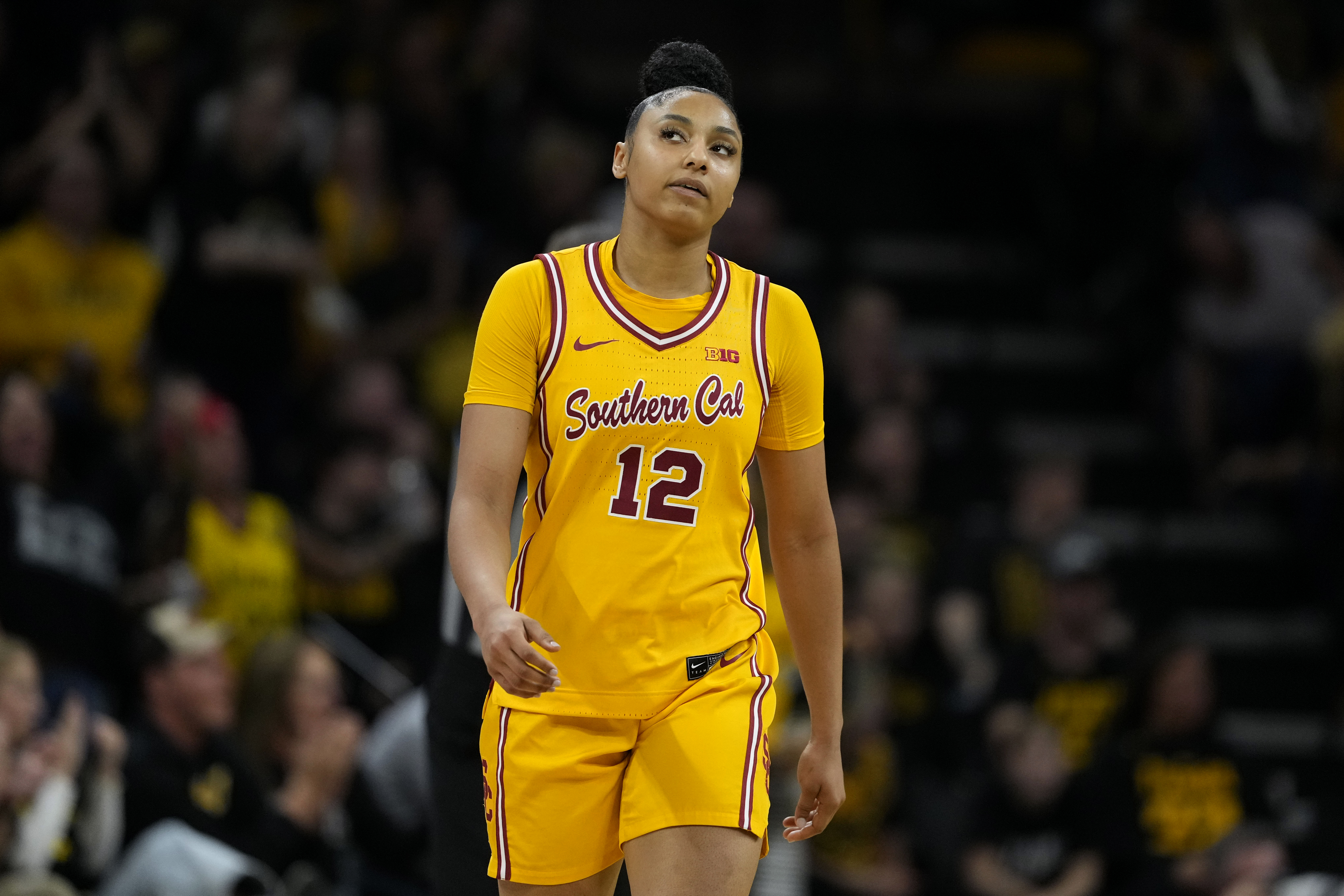 Southern California guard JuJu Watkins reacts after being called for a foul during the second half of an NCAA college basketball game against Iowa, Sunday, Feb. 2, 2025, in Iowa City, Iowa. 