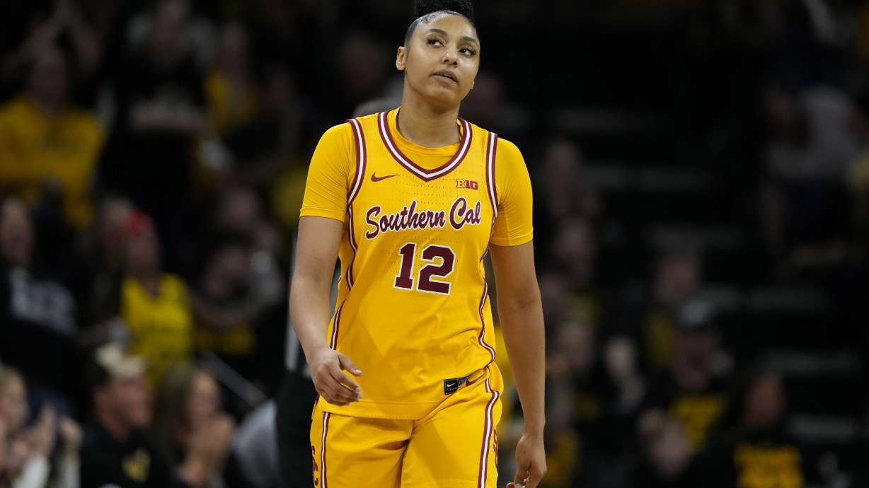 Southern California guard JuJu Watkins reacts after being called for a foul during the second half of an NCAA college basketball game against Iowa, Sunday, Feb. 2, 2025, in Iowa City, Iowa.
