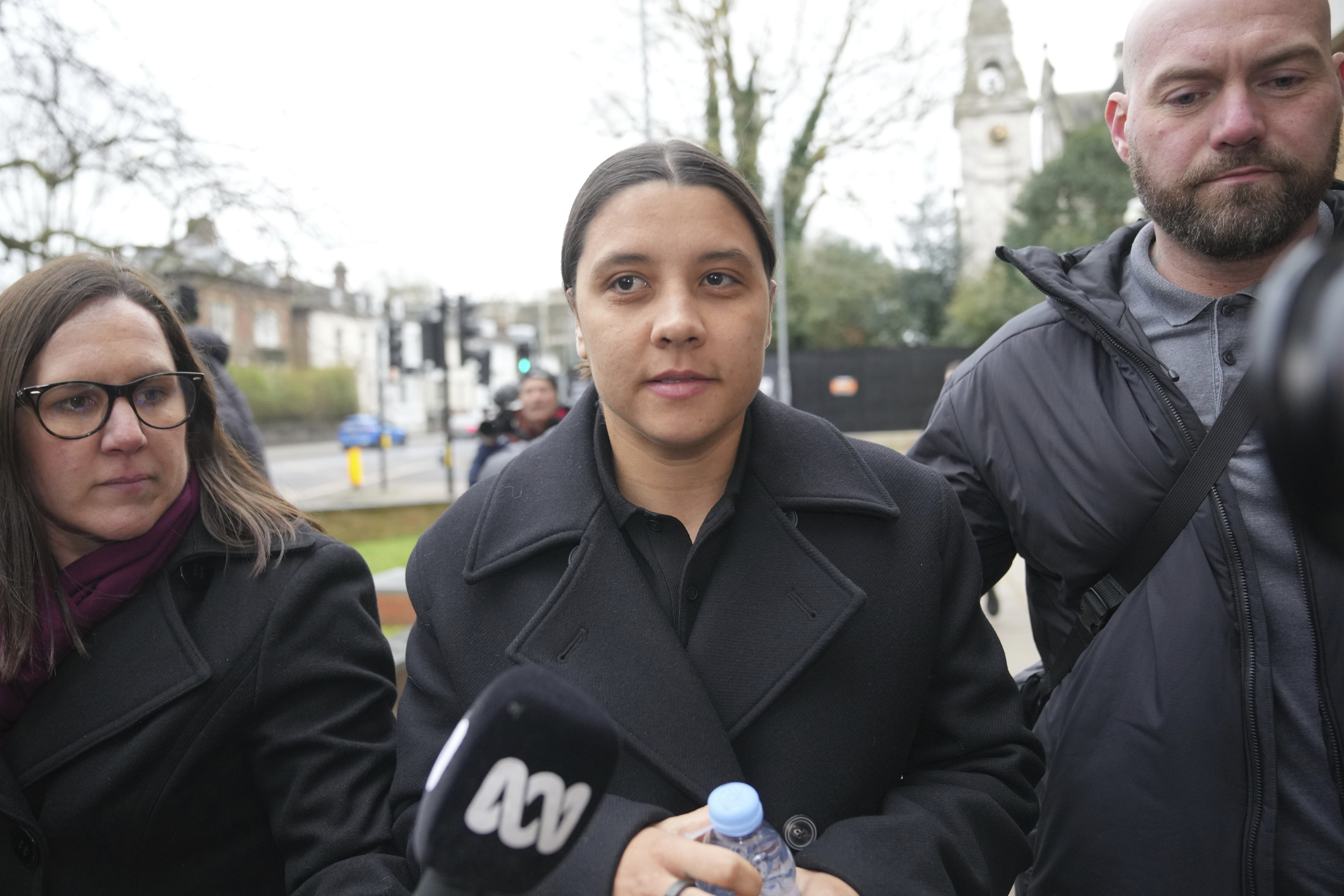 Australian football star, Chelsea striker Samantha Kerr arrives a court as she was charged with causing a police officer harassment, alarm or distress during an incident in Twickenham, in London, Monday, Feb. 3, 2025. 
