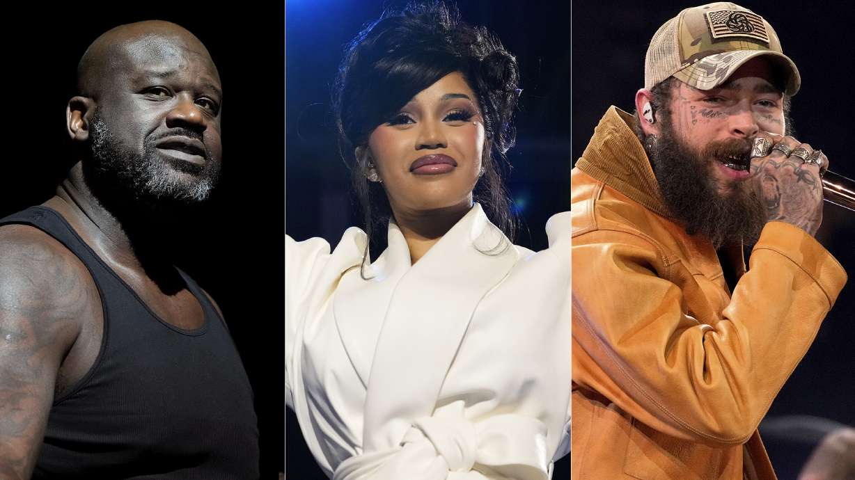 This combination of photos shows Shaquille O'Neal in Scottsdale, Ariz., on Feb. 10, 2023, from left, Cardi B in West Allis, Wis., on Nov. 1, 2024, and Post Malone in Nashville, Tenn., on Nov. 8, 2023.