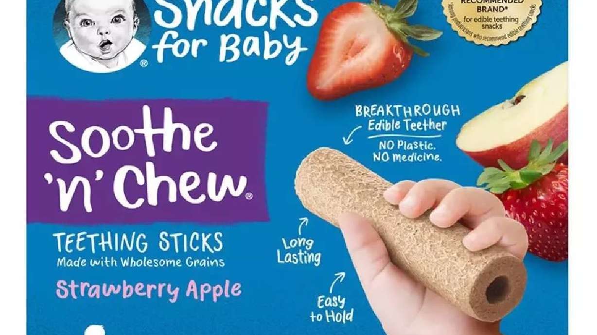 The packaging of Gerber's strawberry-apple "Soothe N Chew" teething sticks, which were recalled over a possible choking hazard.