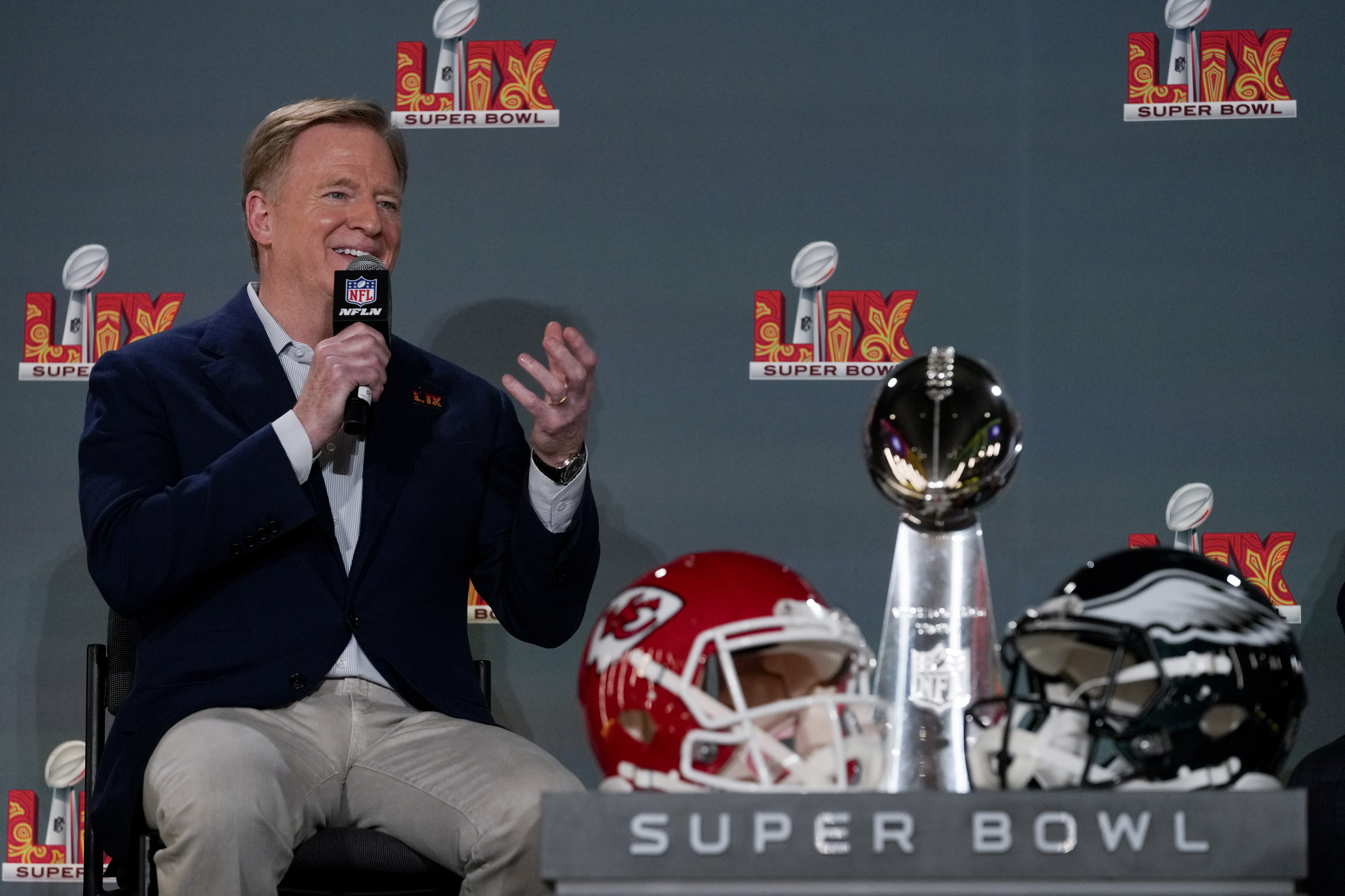 NFL commissioner Roger Goodell speaks during a news conference, Monday, Feb. 3, 2025, in New Orleans, ahead of the NFL Super Bowl 59 football game between the Philadelphia Eagles and the Kansas City Chiefs. 