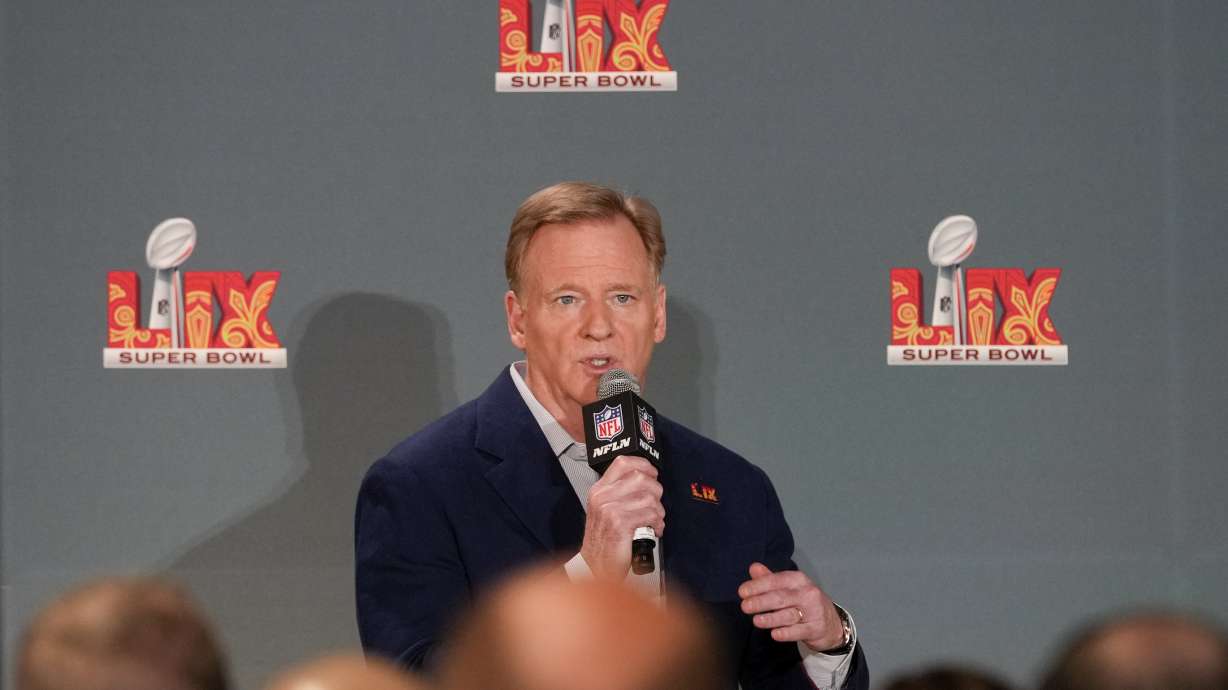 NFL commissioner Roger Goodell speaks during a news conference, Monday, Feb. 3, 2025, in New Orleans, ahead of the NFL Super Bowl 59 football game between the Philadelphia Eagles and the Kansas City Chiefs.