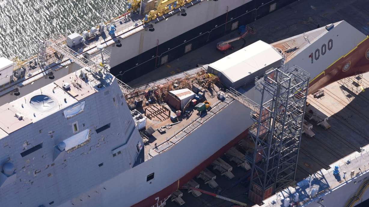 The USS Zumwalt is seen at the Huntington Ingalls shipyard in Pascagoula, Miss., Nov. 21, 2024. The U.S. Navy's proposed plans to ensure its continued worldwide sea superiority would exact at a hefty price — over $1 trillion over the next 30 years.