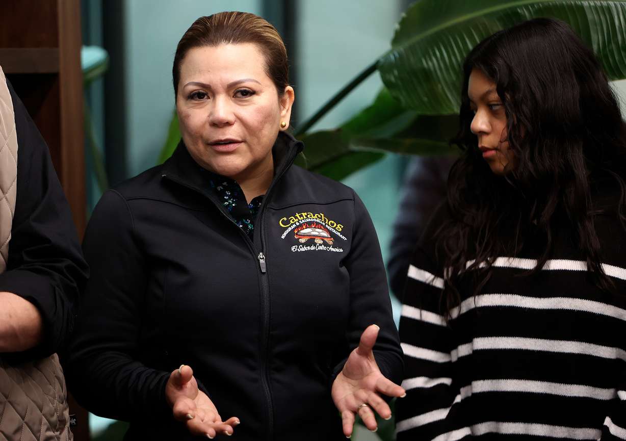 Maria Elena Dubon, Catrachos restaurant owner, talks at a press conference about A Day Without Immigrants at Rancho Markets corporate office in Salt Lake City on Monday. National immigrant advocates called on immigrants to refrain from work, shopping and school for A Day Without Immigrants.