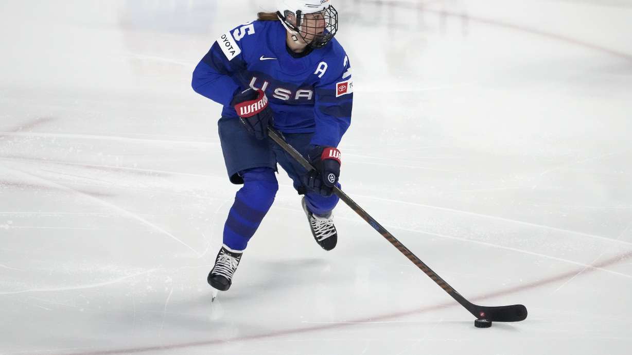 FILE - United States forward Alex Carpenter (25) skates against Canada during the first period of a women's Rivalry Series hockey game in San Jose, Calif., Nov. 6, 2024.