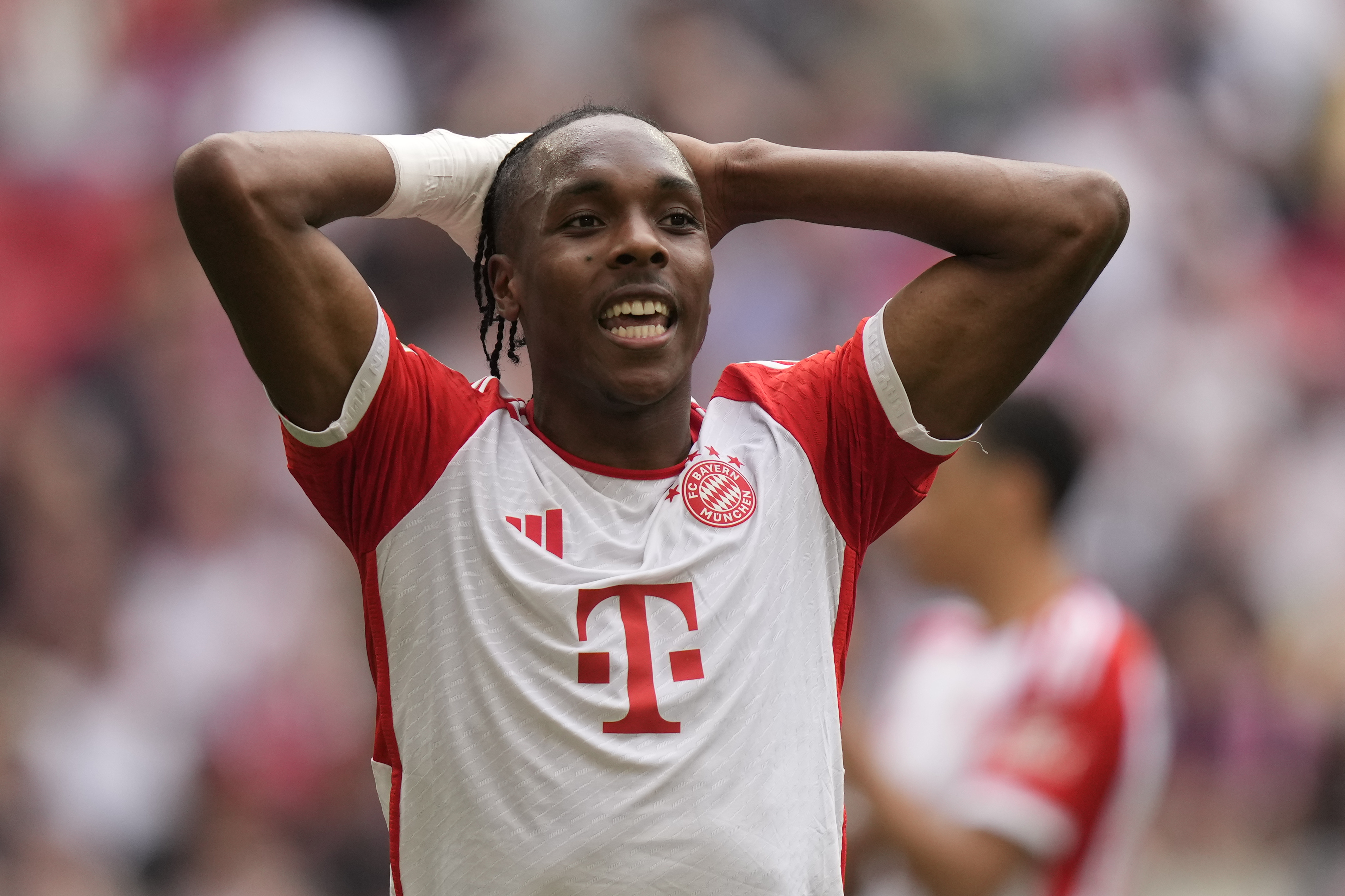 FILE - Bayern's Mathys Tel reacts during the German Bundesliga soccer match between Bayern Munich and Cologne at the Allianz Arena in Munich, Germany, Saturday, April 13, 2024.