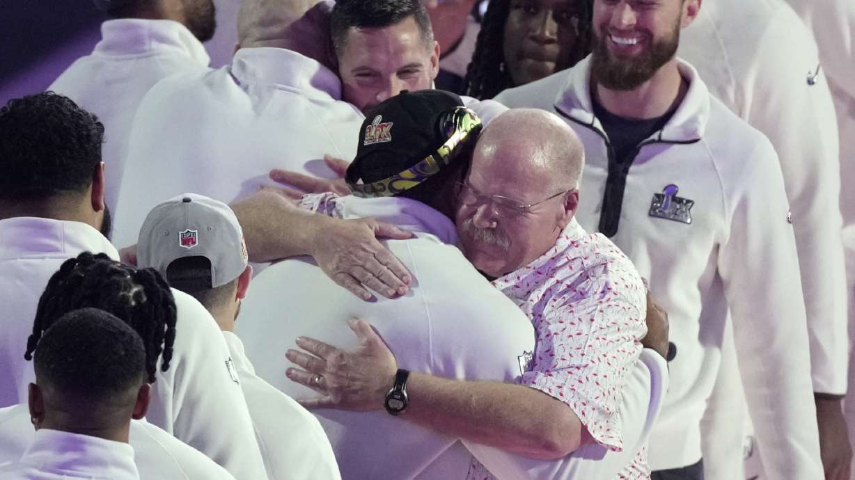 Kansas City Chiefs coach Andy Reid, right, hugs Philadelphia Eagles' Brandon Graham during Super Bowl 59 Opening Night, Monday, Feb. 3, 2025, in New Orleans, ahead of the NFL football game between the Philadelphia Eagles and the Kansas City Chiefs Sunday.