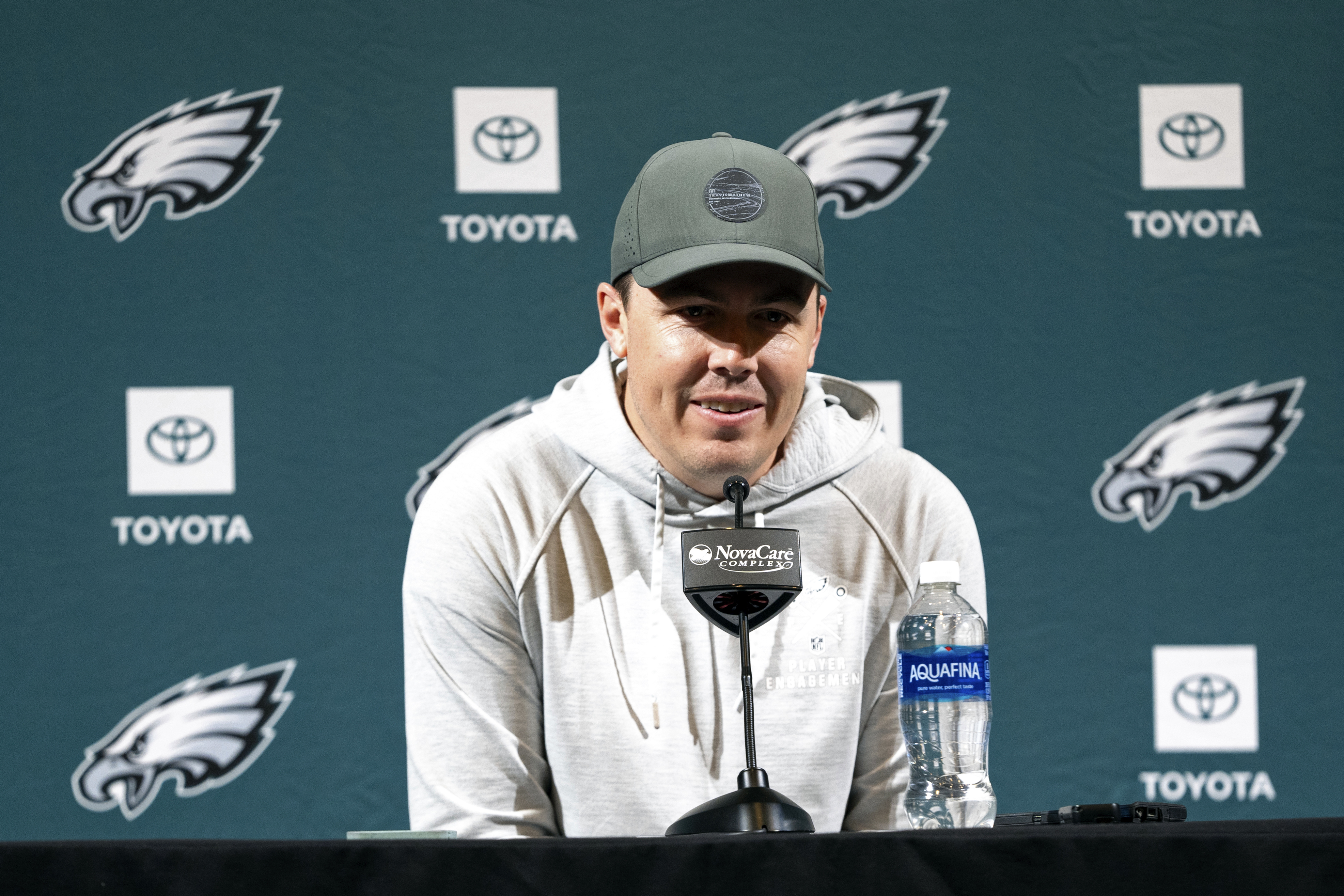 Philadelphia Eagles offensive coordinator Kellen Moore speaks with members of the media during a news conference at the NFL football team's training facility, Tuesday, Jan. 21, 2025, in Philadelphia. 