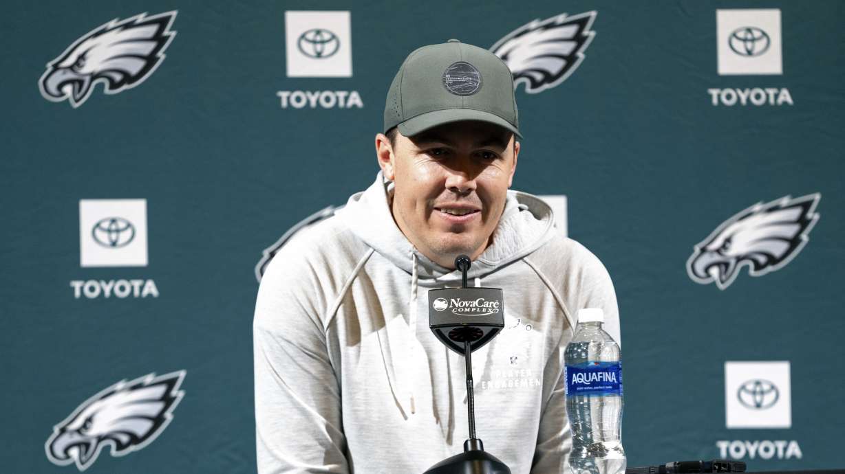 Philadelphia Eagles offensive coordinator Kellen Moore speaks with members of the media during a news conference at the NFL football team's training facility, Tuesday, Jan. 21, 2025, in Philadelphia.