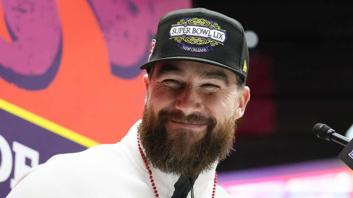 Kansas City Chiefs tight end Travis Kelce (87) participates during Super Bowl 59 Opening Night, Monday, Feb. 3, 2025, in New Orleans, ahead of the NFL football game between the Philadelphia Eagles and the Kansas City Chiefs Sunday.